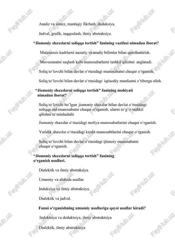 xslar o‘rtasidagi kredit munosabtlarini chuqur o‘rganish. soliq to‘lovchi bilan davlat o‘rtasidagi ijtimoiy munosabatni chuqur o‘rganish. “jismoniy shaxslarni soliqqa tortish” fanining o‘rganish usullari. dialektik va ilmiy abstraksiya. umumiy va alohida usullar. induksiya va ilmiy abstraksiya. dialektik va jadval. fanni o’rganishning umumiy usullariga qaysi usullar kiradi? induktsiya va deduktsiya, ilmiy abstraktsiya dialektik, ilmiy abstraktsiya dialektik ilmiy izlanish xususiy, yakka faktlar olinib uning asosida umumiy qoida hosil qilinadigan bo’lsa-bu....... induktsiyadir deduktsiyadir ilmiy abstraktsiyadir dialektikadir induksiya - nima? fanning o‘rganish usullaridan biri bo‘lib, umumiy xulosalardan yakka xulosalar chiqarishni anglatadi. fanni o‘rganish usullaridan biri. fanni o‘rganish usullaridan biri bo‘lib, yakka faktdan-umumiy xulosa tomon o‘rganish degan ma’noni anglatadi. soliq elementlaridan biri. fanni “dialektik” usulda o‘rganish yo‘nalishlarini ko‘rsating. induksiya va deduksiya. ilmiy abstraksiya va taqqoslash. induksiya va dialektika dedutssiya va taqqoslash “ilmiy abstraksiya” bu ? mavhum ob’ektning bir tomoniga, o‘rganilayotgan jarayonning asl mohiyatiga e’tibor qaratib, ikkinchi darajali omillarni hisobga olmay o‘rganish. mavhum ob’ektning bir tomoniga, o‘rganilayotgan jarayonning …