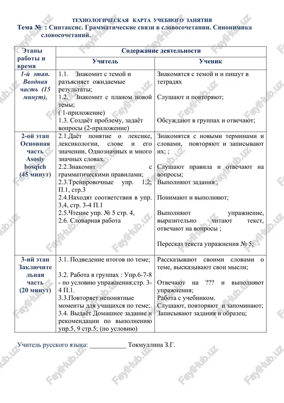 taniy. etapi raboti i vremya soderjanie deyatelnosti uchitel uchenik 1-y etap. vvodnaya chast (15 minut), 1.1. znakomit s temoy i raz'yasnyaet ojidaemie rezultati; 1.2. znakomit s planom novoy temi; ( 1-prilojenie) 1.3. sozdayot problemu, zadayot voprosi (2-prilojenie) znakomyatsya s temoy i i pishut v tetradyax slushayut i povtoryayut; obsujdayut v gruppax i otvechayut; 2-oy etap osnovnaya chast asosiy bosqich (45 minut) 2.1.dayot ponyatie o leksike, leksikologii, slove i ego znachenii, odnoznachnix i mnogo znachnix slovax. 2.2.znakomit s grammaticheskimi pravilami; 2.3.trenirovochnie upr. 1,2; p.1, str.3 2.4.naxodyat sootvetstviya v upr. 3,4, str. 3-4 p.1 2.5.chtenie upr. № 5 str. 4, 2.6. slovarnaya rabota znakomyatsya s novimi terminami i slovami, povtoryayut i zapisivayut ix; ; slushayut pravila i otvechayut na voprosi; vipolnyayut zadaniya ; ponimayut i vipolnyayut; vipolnyayut uprajnenie, virazitelno chitayut tekst, otvechayut na voprosi ; pereskaz teksta uprajneniya № 5; 3-iy etap zaklyuchitelnaya chast (20 minut) 3.1. podvedenie itogov po teme; 3.2. …