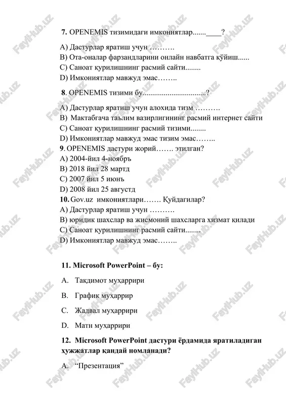 n amallarning qaysi biri taqdimotlarni saqlash uchun mo'ljallanmagan? a. “ctrl+ f12” tugmalar birikmasi b. “fayl\soxranit” menyu amali c. “fayl\soxranit kak” menyu amali d. “ctrl+s” tugmalar birikmasi 14. taqdimotga (prezentatsiya) yangi slayd qo'shish uchun qanday amalni bajarish kerak? a. «glavnaya\sozdat slayd» menyu amalini yoki ctrl+m b. «pravka\vstavka slayd» menyu amalini c. «pravka\vstavit» menyu amalini yoki ctrl+v d. «fayl\sozdat» menyu amalini yoki ctrl+n 15. microsoft powerpoint dasturida yaratilgan hujjatning rasmda belgilangan qismi qanday nomlanadi? a. “slayd” b. “list” c. “stranitsa” d. “prezentatsiya” 16. rasmda ko'rsatilganidek, microsoft powerpoint dasturida quyidagi “nadpis” ob'ektining yashil rangli markeri sichqoncha yordamida biror tomonga surilsa nima sodir bo'ladi? a. ob'ekt ma'lum burchakka buriladi b. ob'ekt chapga suriladi c. ob'ektning shakli chapga og'ishadi d. ob'ektning shakli o'ngga og'ishadi 17. slaydga «zagolovok i ob'ekt» maketini qo'llash unga turli ma'lumotlarni qo'shish imkonini beradi. rasmdagi qaysi belgi yordamida slaydga jadval qo'shish mumkin? a. 1 b. 3 c. 4 d. 6 18. slaydga …