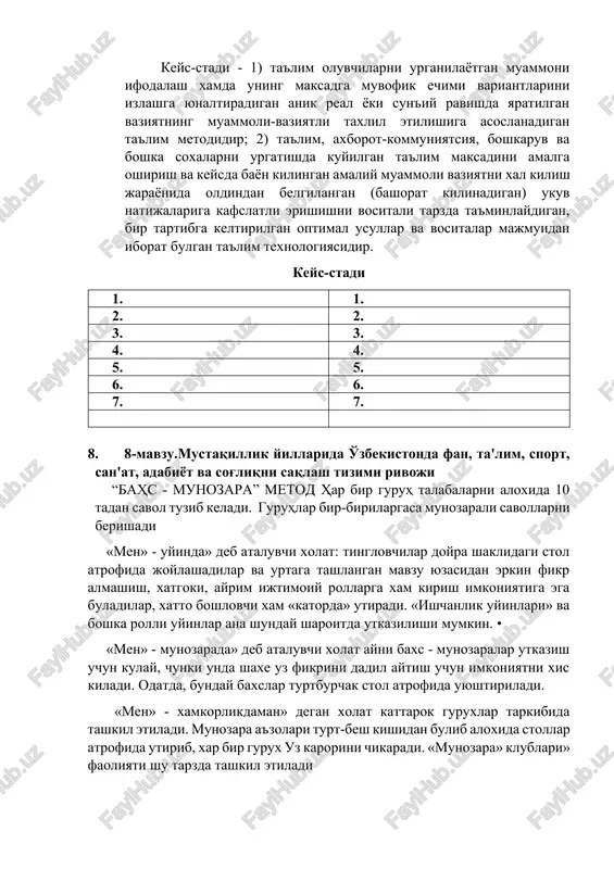 a oshirish va keysda bayon kilingan amaliy muammoli vaziyatni xal kilish jarayonida oldindan belgilangan (bashorat kilinadigan) ukuv natijalariga kafslatli erishishni vositali tarzda ta'minlaydigan, bir tartibga keltirilgan optimal usullar va vositalar majmuidan iborat bulgan ta'lim texnologiyasidir. keys-stadi 1. 1. 2. 2. 3. 3. 4. 4. 5. 5. 6. 6. 7. 7. 8. 8-mavzu.mustaqillik yillarida o'zbekistonda fan, ta'lim, sport, san'at, adabiyot va sog'liqni saqlash tizimi rivoji “bahs - munozara” metod har bir guruh talabalarni aloxida 10 tadan savol tuzib keladi. guruhlar bir-birilargasa munozarali savollarni berishadi «men» - uyinda» deb ataluvchi xolat: tinglovchilar doyra shaklidagi stol atrofida joylashadilar va urtaga tashlangan mavzu yuzasidan erkin fikr almashish, xatgoki, ayrim ijtimoiy rollarga xam kirish imkoniyatiga ega buladilar, xatto boshlovchi xam «katorda» utiradi. «ishchanlik uyinlari» va boshka rolli uyinlar ana shunday sharoitda utkazilishi mumkin. • «men» - munozarada» deb ataluvchi xolat ayni baxs - munozaralar utkazish uchun kulay, chunki unda shaxe uz fikrini dadil aytish uchun …