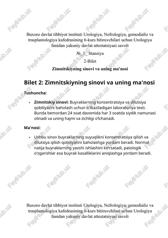 ya fanidan yakuniy davlat attestatsiyasi savoli №_1_ stansiya 3-bilet xromosistoskopiya va uning texnikasi. bilet 3: xromosistoskopiya va uning texnikasi tushuncha: · xromosistoskopiya: siydik pufagining shilliq qavatini rangli moddalarning yordamida tekshirish usuli. bu usul siydik pufagi shilliq qavatidagi o‘zgarishlarni aniqlashga yordam beradi. texnika: · xromosistoskopiya jarayonida bemorga intravenoz ravishda rangli modda (masalan, metilen ko‘k) yuboriladi. keyin siydik pufagiga endoskop yordamida kirib, rangli moddaning taqsimlanishi va siydik pufagi shilliq qavatidagi o‘zgarishlar tekshiriladi. buxoro davlat tibbiyot instituti urologiya, nefrologiya, gemodializ va trasplantologiya kafedrasining 6-kurs bitiruvchilari uchun urologiya fanidan yakuniy davlat attestatsiyasi savoli №_1_ stansiya 4-bilet buyrak va siydik yo'llari toshlarida ishlatiladigan rentgenologik tadqiqot usullari. bilet 4: buyrak va siydik yo‘llari toshlarida ishlatiladigan rentgenologik tadqiqot usullari tushuncha: · rentgenologik tadqiqot usullari: buyrak va siydik yo‘llaridagi toshlarni aniqlash va baholash uchun ishlatiladigan tasviriy diagnostika usullari. usullar: · kub (kidneys, ureters, bladder): buyraklar, siydik yo‘llari va pufakning rentgen tasvirini olish. · intravenoz pyelografiya (ivp): kontrast modda …