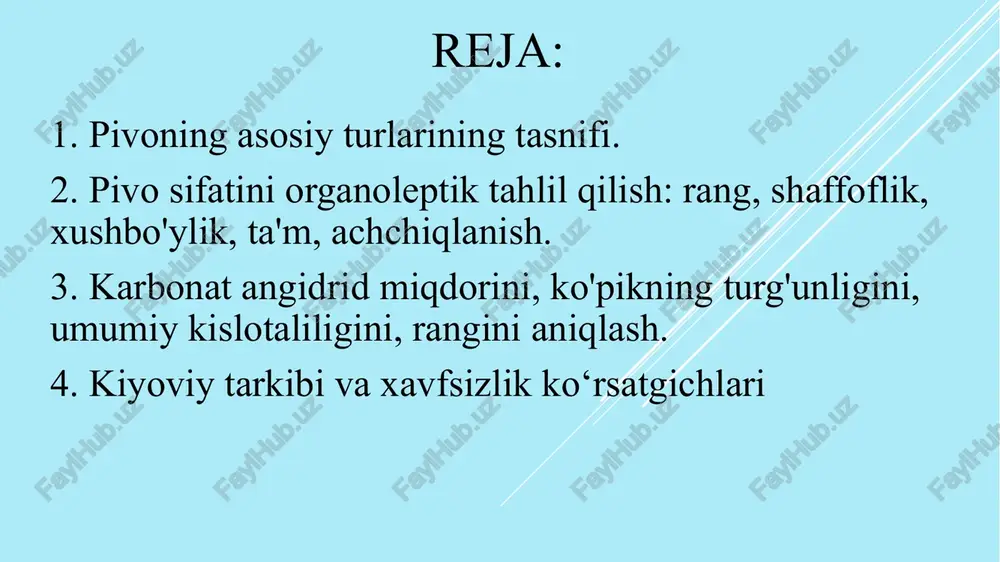 katta sigʻimli idishlarga quyiladi. idishlarda toʻliq yetilishi va gazdan tozalanish 0—2° da 21—90 kun davom etadi. pivo tayyorlashning uzluksiz va jadallashtirilgan texnologiyalari ham qoʻllanadi. yetilgan pivo qayta suziladi va butilkalarga qadoqlanadi. pivo tarkibida, navlariga qarab, 4—10 % yengil oʻzlashtiriluvchi oziq moddalar, asosan, uglevodlar, kam miqdorda aminokislotalar bor. pivoda 11—12 % alkogol, 0,3—0,4 % karbonat angidrid gazi, qulmoqning achchiq va taxir ta’m beruvchi moddalar qoldigʻi, organik kislotalar mavjud. 1 l pivoda 400 dan 800 gacha kkal bor. pivo xom ashyoning miqdori va tarkibiga, bijgʻish davrining davomiyligiga koʻra har xil (och va toʻq) rangli boʻladi va navlarga ajratiladi. oʻzbekiston respublikasi pivo va alkogolsiz ichimliklar sanoati tarmogʻida 16 ta yirik korxona (toshkent, fargʻona, qoʻqon, andijon, guliston, samarqand, namangan, buxoro va boshqa shaharlarda), shuningdek, matlubot jamiyatlariga qarashli zavodlar va sexlarida pivo ishlab chiqariladi. oʻzbekistonda „olmaliq“, „qibray“ pivolari mashhur. pivoning asosiy turlarining tasnifi asosiy susloning zichligi bo'yicha : oddiy. susloning zichligi 7% dan oshmaydi, quvvati …