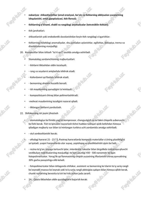 tlariga yoki kompozitsiyaning o'ziga allergik reaktsiyasi (bu juda kamdan-kam hollarda bo'ladi). · ish maydonini izolyatsiya qilishning mumkin emasligi. · 10. restavratsiyani amalga oshirishda quyidagilarni e'tiborga olish kerak: · tishlarning yoki ildizlarning tiklanishiga yaroqliligi, ya'ni. yaxshi muhrlangan ildiz kanaliga ega bo'lgan deyarli har qanday ildiz kanalini tiklanishi mumkin. · periodontal to'qimalarning holati, zaruriy shart - tishning saqlanib qolgan aylana boylam. · bemorning gigiena ko'nikmalari. noto'g'ri tish cho'tkasi bilan marginal pigmentatsiya va tiklash yuzasining yaltiroo’ligining yo'qolishi qayd etiladi; · tish to'qimalariga etarli darajada yopishishni ta'minlaydigan, chaynash yukiga bardosh beradigan va yaxshi estetik xususiyatlarga ega bo'lgan kompozitsion material va yopishtiruvchi tizimni to'g'ri tanlash restavratsiyaga ko’rsatma: · tishlarning barcha bosqichlarida kariyes; · nokariyoz shikastlanishlar (emal eroziyasi, bo'yin va tishlarning okklyuzion yuzalarining ishqalanishi, emal gipoplaziyasi, tish florozi); · tishlarning o'lchami, shakli va rangidagi anomaliyalar (tetratsiklin tishlari); · tish jarohatlari; · shikastlanish yoki endodontik davolanishdan keyin tish rangidagi o'zgarishlar; · tishlarning holatidagi anomaliyalar, shu jumladan aylanishlar, …