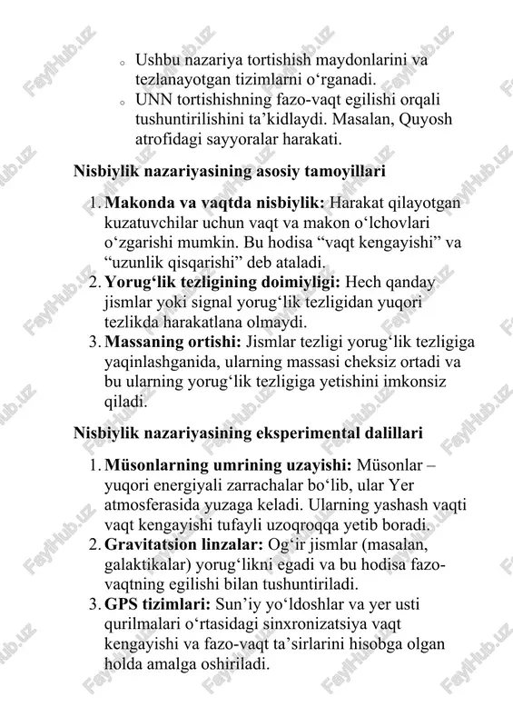 itatsion linzalar: og‘ir jismlar (masalan, galaktikalar) yorug‘likni egadi va bu hodisa fazo-vaqtning egilishi bilan tushuntiriladi. 3. gps tizimlari: sun’iy yo‘ldoshlar va yer usti qurilmalari o‘rtasidagi sinxronizatsiya vaqt kengayishi va fazo-vaqt ta’sirlarini hisobga olgan holda amalga oshiriladi. nisbiylik nazariyasining amaliy ahamiyati 1. astronomiya: nisbiylik nazariyasi qora tuynuklar, neytron yulduzlar va koinot kengayishini tushuntirishda muhim ahamiyatga ega. 2. kosmik texnologiyalar: raketa parvozlarining fazo-vaqt ta’sirlarini hisoblashda qo‘llaniladi. 3. energiya ishlab chiqarish: yadro reaktorlari va boshqa yuqori energiyali jarayonlarda massaning energiyaga aylanish qonuni qo‘llaniladi. zamonaviy tadqiqotlar nisbiylik nazariyasi hali ham tadqiqot va rivojlanish obyekti bo‘lib qolmoqda. zamonaviy olimlar uni kvant mexanikasi bilan birlashtirishga urinmoqda. masalan: · gravitatsion to‘lqinlar: ligo va boshqa laboratoriyalar tomonidan qayd etilgan. · kvant tortishish: nisbiylik nazariyasi va kvant mexanikasini birlashtirish bo‘yicha tadqiqotlar. xulosa nisbiylik nazariyasi makon, vaqt va harakat haqidagi tasavvurlarimizni tubdan o‘zgartirdi. u nafaqat ilmiy-falsafiy yondashuvlarni, balki texnologik taraqqiyot uchun ham asos yaratdi. hozirgi kunda bu nazariya zamonaviy fizikaning …
