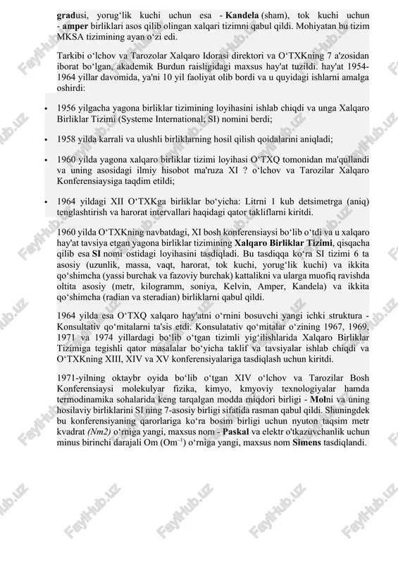 chunki, bir sohaga oid birlikni boshqa sohaga tadbiq etish yoki ko‘plab mustaqil birliklar tizimini yagona tizimga birlashtirish g‘oyasini amalda uddalash favqulodda murakkab ish deb sanalgan. lekin fizik kattaliklarning yagona xalqaro tizimini ishlab chiqish zaruriyatini zamonning o‘zi taqozo qilayotgan edi. xx asrning o‘rtaliriga kelib yuz bergan jahon fan - texnika inqilobi, xalqaro savdo hajmining ortishi va davlatlararo iqtisodiy munosabatlar ko‘lamining kengayishi turli birliklar tizimlari orasidagi nisbatlarda kelib chiqishi ehtimolligi yuqori bo‘lgan chalkashliklarni imkon qadar bartaraf etish zaruriyatini paydo qildi. yuqorida qayd etilgan omillarni e'tiborga olib, o‘lchov va tarozilar xalaqaro konferensiyasi, o‘lchov va tarozilar xalqaro qo‘mitasiga (o‘txq) turli mamakatlarning ilmiy, pedagogik va texnik doiralarining fikr va takliflarini o‘rganib chiqish asosida, metr konvensiyasiga a'zo bo‘lgan davlatlar orasida qabul qilinishi mumkin bo‘lgan yagona xalqaro birliklar tizimini ishlab chiqish bo‘yicha tavsiyalar tayyorlash vazifasini topshirdi. 1954 yilda x - o‘txk uzunlik va masofa uchun - metr, vaqt uchun - soniya, massa uchun - kilogram, harorat uchun …