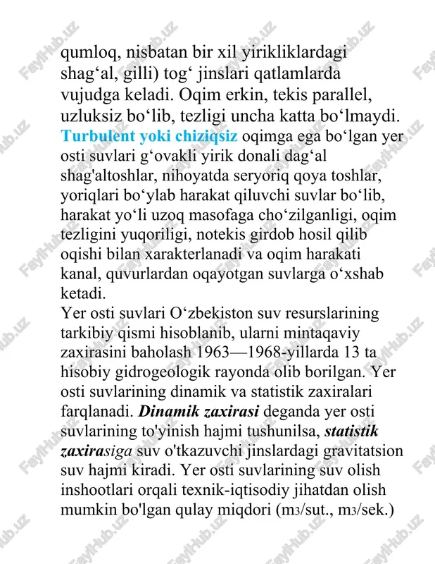zaxirasi 1038,2 m3/sek., ekspluatatsion zaxirasi esa 907,7 m3/sek. ga teng bo‘lib, hozirgi kunda uning 39,8 m3/sek. miqdori ishlatilmoqda. kelgusida yer osti suvlaridan foydalanish miqdorini 461,5 m3/sek gacha yetkazish mumkin. xo'jalikda foydalanish uchun yaroqli bo'lgan yer osti suvlari respublikaning barcha hududlarida mavjud bo'lib, uning 2/3 qismi tog‘ mintaqasining to‘rtlamchi yotqiziqlarida, 1/3 qismi esa tekislik hududida tarqalgan. amudaryo deltasida 265 m3/sek. ekspluatatsion chuchuk yer osti suvlari zaxirasi mavjud. yer osti suvlarining umumiy ekspluatatsion zaxirasidan 800 m3/sek. chuchuk bo'lib, qolganlari 2—3 dan 15 g/1 gacha minerallashgandir. yer osti suvlarini xillarga ajratishda ularning hosil bo'lishi, yer ostida yotish holati, tarkibi va boshqalarga e’tibor beriladi. yer osti suvlari paydo bo'lish sharoitiga (yer qatlamlarida uchrashiga) qarab uch xil: • yuza suvlar (verxavodka), • grunt (sizot) suvlar, • bosimli yoki artezian suvlarga bo'linadi. • yuza suvlar. suv o'tkazmaydigan qatlamdan ancha yuqorida vujudga kelgan suvlar yuza suvlar deb ataladi. ular suv shimiluvchi qatlamlar orasidagi gil yoki soz tuproq …