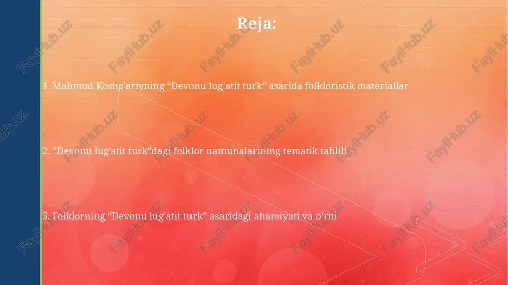 llari va matallari uchraydi, ular turkiy xalqlarining turmush tarzi, donoligi va falsafasini aks ettiradi, masalan, "tog' tog' bilan uchrashmas, odam odam bilan uchrashar". "devonu lug'atit turk"da 10 dan ziyod afsona va rivoyatlar keltirilgan bo'lib, ular qahramonlik, sevgi va tabiat hodisalarini hikoya qiladi, shu bilan birga, turkiy xalqlarining o'ziga xos mifologik dunyoqarashini namoyon etadi. dostonlar, afsonalar va rivoyatlar “devonu lugʻatit turk”dagi dostonlar, afsonalar va rivoyatlar turkiy xalqlar ogʻzaki ijodining qimmatli namunalarini oʻz ichiga oladi, ularning koʻpchiligi 10-11-asrlarga oid. mahmud koshgʻariy asarida turkiy qabilalar hayotini aks ettiruvchi “alp er tonga” kabi afsonaviy qahramonlar haqidagi 20 dan ortiq rivoyatlar va doston parchalarini topish mumkin. xulosa xulosa qismi mahmud koshg‘ariyning til va madaniyatga oid 8000 dan ortiq so‘zlarni o‘z ichiga olgan asarining muhim yakuniy qismidir. unda muallif turkiy qabilalarning geografik joylashuvi, urf-odatlari va xususiyatlari haqida qisqacha 100 dan ortiq hikoyalar orqali ma'lumot beradi. e'tiboringiz uchun rahmat image4.jpg image5.jpg image6.jpg image7.jpg image8.jpg image9.jpg image10.jpg image2.png …