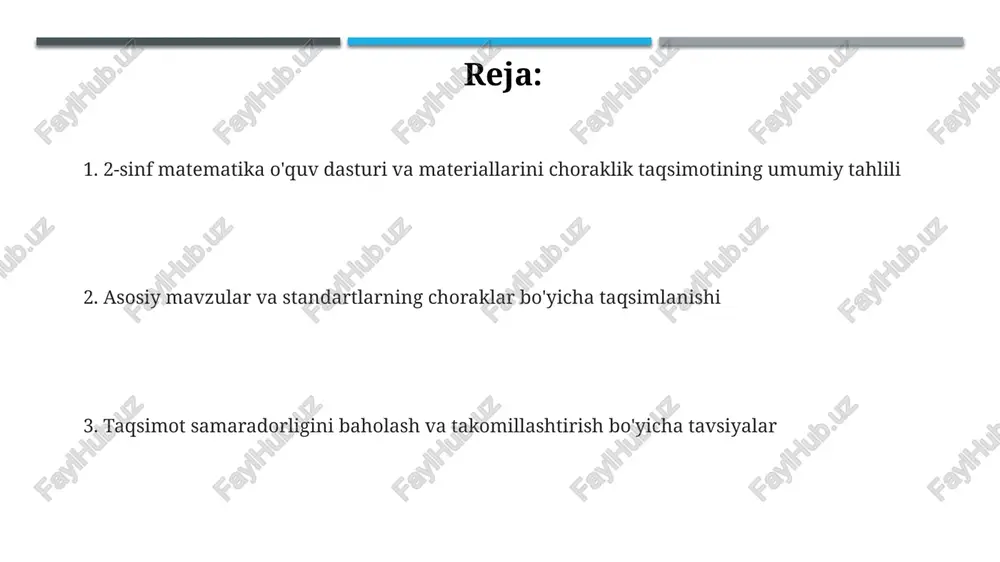 . choraklik taqsimotda har bir mavzuga ajratilgan vaqtni 10% ga qayta ko'rib chiqing, o'quvchilarning o'zlashtirish darajasiga qarab moslashuvchanlikni ta'minlang va individual yondashuvni kuchaytiring. e'tiboringiz uchun rahmat image1.jpeg