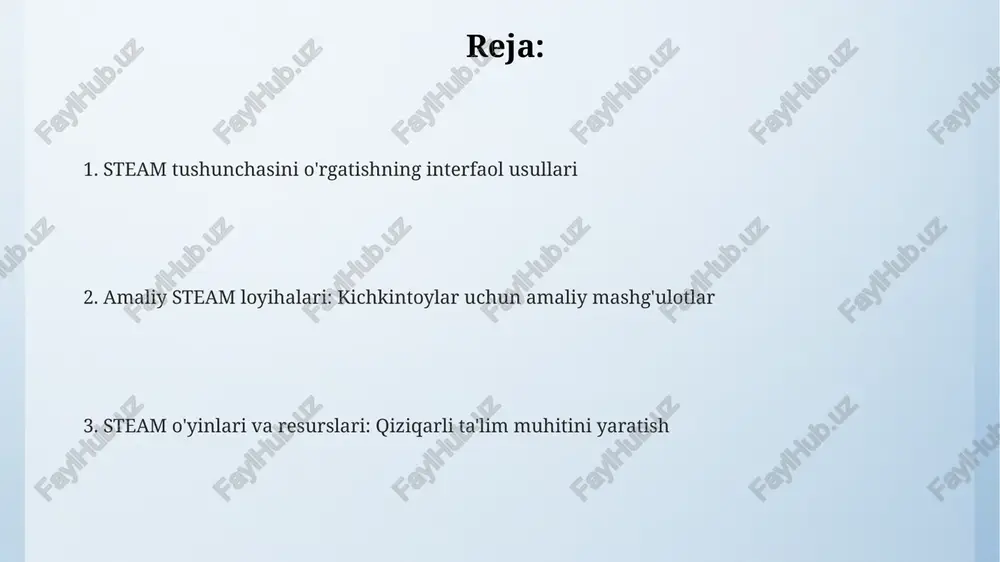 lish imkonini bering. steam loyihalarida tabiiy materiallardan foydalaning, masalan, barglar, toshlar va shoxlar. bunday materiallar ijodni kuchaytiradi va atrof-muhit haqida tushunchani 2 karra oshiradi. e'tiboringiz uchun rahmat image4.png image1.jpeg