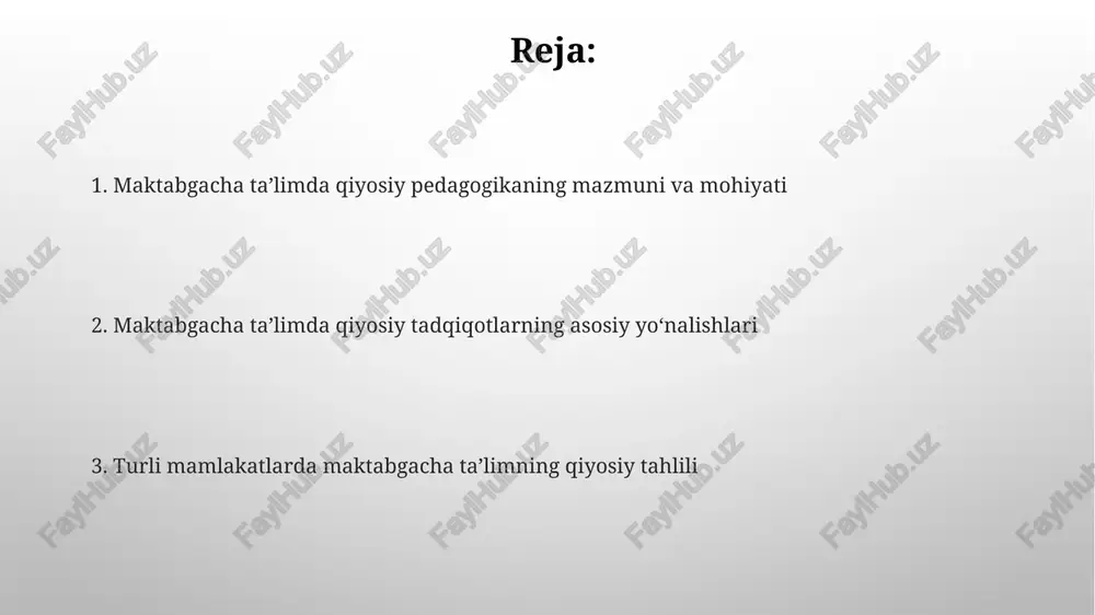 tabgacha ta'lim tizimi 2017-yildan boshlab tubdan isloh qilinib, qamrov darajasi 70% ga yetkazildi, bu avvalgi ko'rsatkichlardan sezilarli o'sish demakdir. davlat maktabgacha ta'lim tashkilotlarida 3 yoshdan 7 yoshgacha bo'lgan bolalar uchun majburiy bir yillik tayyorlov dasturi joriy etilgan, bu ularning maktabga moslashuvini osonlashtiradi. xorijiy mamlakatlarda maktabgacha ta'lim tajribasi italiyaning reggio emilia yondashuvi bolaning o'z-o'zini ifodalashiga e'tibor qaratadi, "100 til" tushunchasi orqali, ijodkorlikni rivojlantirishga qaratilgan. yaponiyada maktabgacha ta'limda guruh bilan ishlash ko'nikmalari, ijtimoiy moslashuv va hamjihatlik, xususan, "hoikuen" tizimi orqali rivojlantiriladi. maktabgacha ta'lim dasturlarini taqqoslash maktabgacha ta'lim dasturlarini taqqoslash 3 asosiy jihatni qamrab oladi: maqsadlar, mazmun va baholash mezonlari, ularning har biri bolaning rivojlanishiga qaratilgan. dasturlarni taqqoslashda didaktik tamoyillar (masalan, faollik, ko'rgazmalilik) va ularning ta'limiy jarayonda qanday namoyon bo'lishi hisobga olinadi. o'qitish usullari va texnologiyalari: qiyosiy tahlil qiyosiy tahlil o'qitish uslublarining samaradorligini baholashda, masalan, an'anaviy dars berish va interaktiv 2.0 usullarini solishtirish uchun mezonlarni belgilaydi. texnologiyalar qiyosiy tahlilida, masalan, virtual reallik 3d …