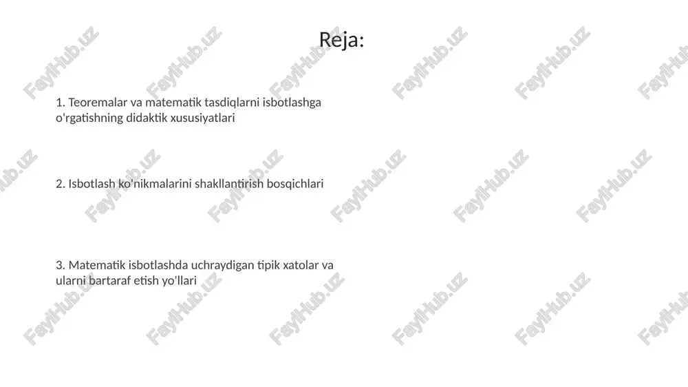 rik shakllar va algebraik ifodalarni vizualizatsiya qilish qobiliyati, misollar keltirish va qarshi misollar topish orqali isbotlash uchun zarur bo'lgan asosiy ko'nikmalardir. isbotlash ko'nikmalarini shakllantirish bosqichlari 1-bosqichda talabalarga teoremalar mohiyatini tushunish, asosiy tushunchalar va ta'riflarni anglash, shuningdek, masalaning shartini tahlil qilish orqali isbotlashga tayyorlanadi. 2-bosqich dalillash strategiyalarini ishlab chiqishni o'z ichiga oladi: bevosita isbot, teskarisidan isbot yoki matematik induksiya usullarini qo'llash orqali isbotlash algoritmlarini rejalashtirish amalga oshiriladi. teoremalarni isbotlashda qo'llaniladigan asosiy tushunchalar aksioma - isbot talab etilmaydigan, matematik tizimda qabul qilingan 1-darajali haqiqat. teoremani isbotlash jarayonida bu 0-asosiy tushunchadir. definitsiya – matematik ob’ekt yoki tushunchani aniq belgilab beruvchi ta’rif. isbotda, ayniqsa, 2 xil ob’ekt tengligini ko’rsatishda muhim. matematik til va belgilarning ahamiyati matematik belgilardan to'g'ri foydalanish teoremalarning shakllanishida muhim ahamiyatga ega. '∃' (mavjud) belgisi kamida bitta element mavjudligini ko'rsatadi, bu isbotning 50%ini tashkil qilishi mumkin. matematika tilidagi aniqlik va qisqalik isbot jarayonida muhim. masalan, ∀ (har bir) belgisi umumiy xulosalarni ifodalash …