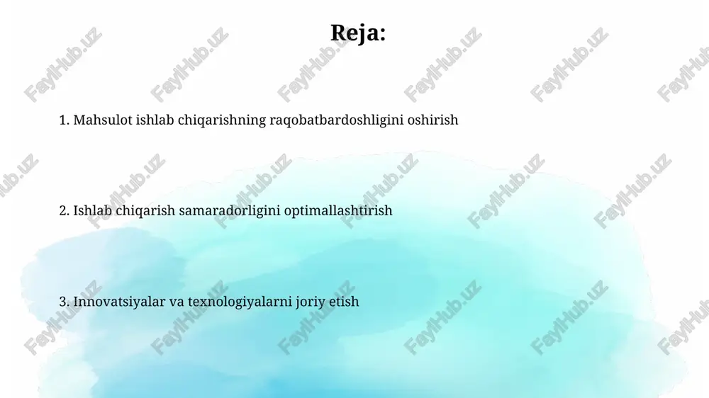 giya samaradorligini oshirish orqali xarajatlarni kamaytirish, masalan, led yoritgichlarga o'tish va energiya auditini o'tkazish orqali 15-20% tejamkorlikka erishish mumkin. ishlab chiqarish jarayonlarini avtomatlashtirish, ayniqsa robototexnika va dasturiy ta'minotni integratsiya qilish orqali mehnat xarajatlarini 30% gacha kamaytirish imkoniyati mavjud. sifat nazorati va takomillashtirish sifat nazorati 100% tekshirishdan namuna olishga o'tishni o'z ichiga oladi, bu esa xarajatlarni kamaytiradi va sifatning barqarorligini ta'minlaydi, 6 sigma doirasida kamchiliklar sonini kamaytiradi. takomillashtirish jarayonlari, masalan, kaizen, ishchilarning doimiy takliflari orqali 20% samaradorlikni oshirishga olib kelishi mumkin, bu esa umumiy sifatni yaxshilaydi. xodimlar malakasini oshirish va motivatsiya xodimlarning malakasini oshirish orqali, 15% samaradorlik o'sishiga erishish mumkin. treninglar va seminarlar orqali yangi texnologiyalarni o'rgatish kerak. motivatsiyani oshirish uchun har chorakda yaxshi natijalarga erishgan xodimlarga 10% bonus to'lash tizimini joriy etish lozim. e'tiboringiz uchun rahmat image2.png image3.jpg image4.jpg image5.jpg image6.jpg image7.jpg image8.jpg image9.jpg image1.png
