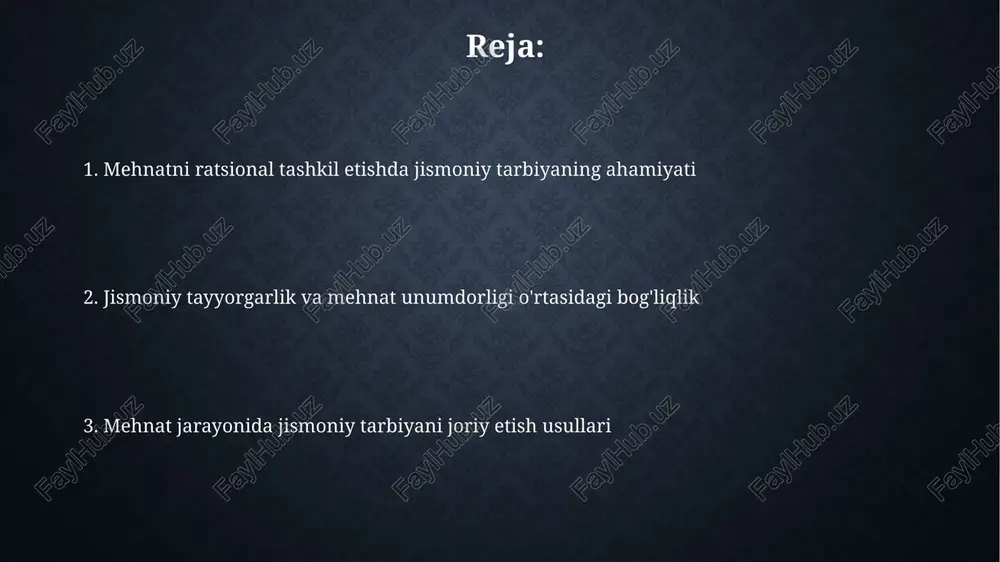 uvchi neyrotransmitterlarning 30-40% ko'payishiga olib keladi. regulyar jismoniy faollik 2-3 oy ichida kortizol (stress gormoni) darajasini 15-25% ga kamaytiradi, bu esa umumiy xotirjamlikni oshiradi va tashvishni kamaytiradi. ish joyida jismoniy faollikni rag'batlantirish ish joyida muntazam jismoniy mashqlar 15-30 daqiqa davomida, haftasiga 3-5 marta qon aylanishini yaxshilaydi va ish samaradorligini 10-15% ga oshirishi mumkin. korporativ sog'lomlashtirish dasturlari, masalan, fitnes challenge'lari yoki yoga mashg'ulotlari, xodimlarning kasallik ta'tilini 20% ga kamaytirishi va jamoaviy ruhni ko'tarishi mumkin. ishlab chiqarishda jismoniy tarbiya dasturlarini joriy etish ishlab chiqarishda jismoniy tarbiya dasturlari 15-20 daqiqalik mashqlarni o'z ichiga olib, ish unumdorligini 10-15 foizga oshirishi mumkin. jismoniy tarbiya dasturlari xodimlarda kasbiy kasalliklarni 30-40 foizga kamaytiradi, bu esa tibbiy xarajatlarni qisqartirishga yordam beradi. ergonomika va harakat xavfsizligi ergonomika 4.0 sanoat inqilobida xavfsizlikni ta'minlash uchun raqamli texnologiyalarni, masalan, sensorlar va ma'lumotlarni tahlil qilishni qo'llab-quvvatlaydi. harakat xavfsizligi protokollari 5s tizimi orqali ish joyini tartibga solish, saralash va standartlashtirish orqali baxtsiz hodisalarni kamaytirishga …