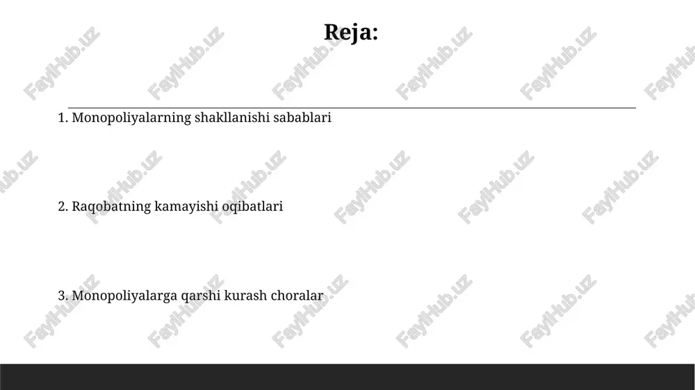 jtimoiy farovonlikning pasayishiga olib keladi. masalan, narxlar 15% ga oshishi mumkin. monopoliyalar innovatsiyalarga bo'lgan rag'batni kamaytiradi, chunki raqobat yo'q. bu texnologik taraqqiyotning sekinlashishiga olib kelishi mumkin, 5 yillik o'sish 2%ga kamayishi mumkin. raqobatni cheklash usullari narxlarni sobit qilishda, kompaniyalar o'zaro kelishib, mahsulot yoki xizmat narxini sun'iy ravishda oshirib, raqobatni kamaytiradi. bu yerda 2 yoki undan ortiq kompaniya ishtirok etadi. bozorni taqsimlashda, kompaniyalar geografik hududlar yoki mijozlar segmentlari bo'yicha kelishib oladi, har bir kompaniya o'z hududida eksklyuziv huquqqa ega bo'ladi, bu esa raqobatni susaytiradi. monopoliyaga qarshi kurash siyosati monopoliyaga qarshi kurash siyosati resurslarning samarali taqsimlanishini taʼminlash, isteʼmolchilar huquqlarini himoya qilish va innovatsiyalarni ragʻbatlantirish maqsadida davlat tomonidan amalga oshiriladi. oʻzbekistonda monopoliyaga qarshi kurash siyosati monopoliyaga qarshi organning faoliyati, raqobat muhitini rivojlantirish dasturlari va qonunchilik bazasi orqali amalga oshiriladi. o'zbekistonda monopoliyaga qarshi qonunchilik o'zbekistonda monopoliyaga qarshi qonunchilik 2012-yil 6-yanvarda qabul qilingan «raqobat to'g'risida»gi qonun bilan tartibga solinadi va u monopolistik faoliyatga qarshi kurashishga …