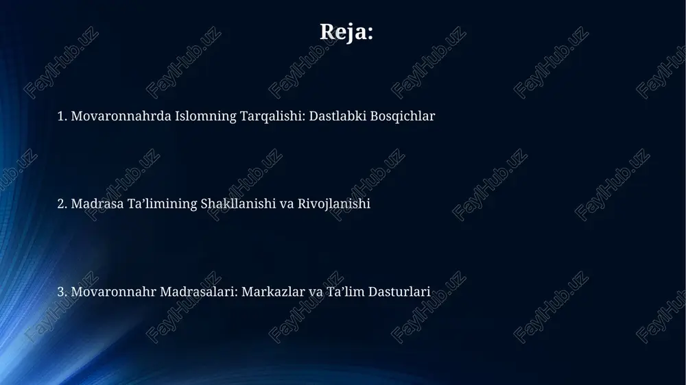 madrasalar davlat tomonidan qo'llab-quvvatlangan va o'quv dasturlari aniq belgilangan edi. madrasalarning rivojlanish bosqichlari dastlabki bosqichda madrasalar masjidlar qoshida shakllandi, taʼlim dasturi asosan diniy ilmlar, xususan, fiqh va hadisga yoʻnaltirildi, ix-xi asrlarda rivojlanish kuzatildi. keyingi bosqichda, x-xii asrlarda, madrasalar alohida muassasa sifatida ajralib chiqa boshladi, ularning taʼminoti uchun vaqf mulklari ajratildi, bu esa ularning barqarorligini taʼminladi. madrasalarning asosiy yo'nalishlari va dasturlari asosiy yo'nalishlardan biri fiqh (islom huquqi) bo'lib, unda to'rt mazhab (hanafiy, shofiiy, molikiy, hanbaliy) bo'yicha amaliy ko'rsatmalar va qonun-qoidalar o'rgatilgan. madrasalar dasturlarida hadis ilmi muhim o'rin egallagan. bu sohada payg'ambar muhammad (s.a.v.)ning hayoti, sunnatlari va 6 asosiy hadis to'plamlari chuqur o'rganilgan. movaronnahir madrasalarining arxitekturasi movaronnahr madrasalarining arxitekturasi to'rtburchak shaklidagi hovli atrofida qurilgan bo'lib, to'rtta ayvon bilan ajralib turadi. hovlining o'lchami madrasaning hajmiga bog'liq bo'lib, 30x40 metrdan 50x60 metrgacha bo'lishi mumkin. ko'pgina madrasalarda gumbazli masjid va darsxona bo'lgan. masjidlar va darsxonalar binoning asosiy qismi bo'lib, ularning bezaklari koshinlar, ganch o'ymakorligi va …