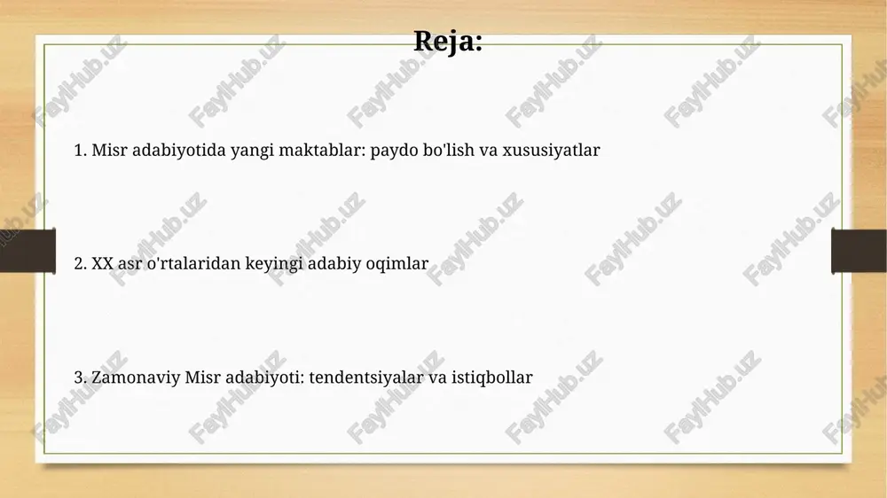 g'u bergan. postmodernizm maktabi "postmodernizm maktabi"da 1990-yillardan keyin adabiyotda metanarrativlar tanqidi kuchaydi, realizm va modernizm ideallaridan voz kechish kuzatildi. "postmodernizm maktabi"ning asarlarida ko'pincha fragmentatsiya, ironiya va pastish kabi uslublar qo'llanilib, an'anaviy hikoya tuzilishidan voz kechiladi. yangi maktablarning ta'siri yangi maktablarning ta'siri 20-asr boshlarida misr adabiyoti modernizatsiyasiga turtki boʻlib, anʼanaviy qoidalarni buzgan yangi janrlar va uslublarni yaratdi. ushbu maktablar misr adabiyotida 1950-yillardan keyin millatchilik va ijtimoiy adolat gʻoyalarini targʻib qilib, siyosiy va ijtimoiy oʻzgarishlarga chaqirdi. e'tiboringiz uchun rahmat image7.png image8.jpg image9.jpg image10.jpg image11.jpg image12.jpg image13.jpg image14.jpg image3.png image4.png