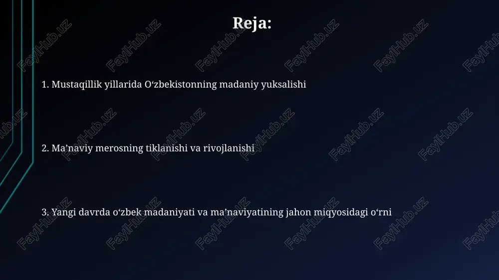 ing bilim olish imkoniyatlarini kengaytirishga va professional kadrlarni yetishtirishga xizmat qiladi. ilm-fan taraqqiyoti va innovatsiyalar mustaqillik yillarida o'zbekistonda 10 dan ortiq yangi ilmiy-tadqiqot institutlari tashkil etildi, ular fundamental va amaliy tadqiqotlarni rivojlantirishga qaratilgan. innovatsion faoliyatni qo'llab-quvvatlash uchun davlat tomonidan 20 dan ziyod maxsus dasturlar qabul qilindi, bu esa texnologik startaplar sonini oshirdi. adabiyot va san'atning yangi bosqichi mustaqillik davrida abdulla qodiriy, cho'lpon kabi adiblarning asarlari qayta nashr etilib, ularning merosi o'rganildi, bu adabiyotshunoslikda yangi sahifa ochdi. 1992-yilda alisher navoiy xalqaro jamg'armasi tashkil etilib, buyuk mutafakkirning asarlarini targ'ib qilish va o'rganish bo'yicha keng ko'lamli ishlar amalga oshirildi. madaniyatlararo muloqot va hamkorlik o'zbekiston 130 dan ortiq millat vakillarini birlashtirgan bag'rikeng yurt sifatida madaniyatlararo muloqotni mustahkamlashga qaratilgan ko'plab loyihalarni amalga oshirdi. respublikada 20 dan ortiq turli milliy madaniy markazlar faoliyat yuritib, ular o'z madaniyatini targ'ib qilish, urf-odatlarini saqlash va rivojlantirish uchun keng imkoniyatlarga ega. o'zbekistonning jahon madaniyatiga qo'shgan hissasi oʻzbekiston buyuk ipak yoʻlining …