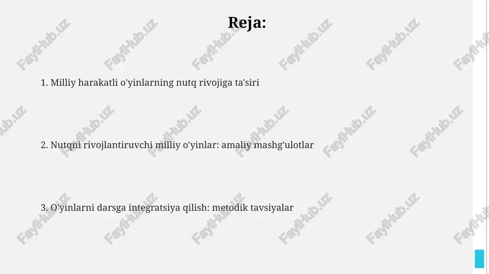 yangi so'z bilan oshirishga yordam berishi kerak. o'yinlar milliy madaniyatimizga oid 3-5 ta qadriyatni aks ettirishi, bolalarni urf-odatlar bilan tanishtirishi va nutqda ularni qo'llashni rag'batlantirishi lozim. o'yinlar 15-20 daqiqa davom etishi, bolalarning diqqatini ushlab turishi va 70-80% holatda nutqiy faollikni talab qilishi maqsadga muvofiqdir. nutqni rivojlantiruvchi o'yinlar namunasi: 'oq terakmi, ko'k terak' o'yin qoidalariga ko'ra, 10-12 yoshdagi bolalar uchun mo'ljallangan, "oq terakmi, ko'k terak" o'yini tezkorlik, kuch va guruh bilan muloqot qilish qobiliyatini shakllantiradi. "oq terakmi, ko'k terak" o'yinida, 2 guruh bolalar qatnashib, raqib tomonidagi o'yinchini 'tortib olishga' harakat qiladi, bu esa jamoaviy harakat va nutqni rivojlantiradi. bu o'yin davomida bolalar "oq terakmi, ko'k terak" kabi oddiy so'zlarni takrorlash orqali nutq apparatlarini mashq qildiradilar, talaffuz va diksiyani yaxshilaydilar. o'yin qoidalari va uslubiy ko'rsatmalar har bir o'yin qoidasi 1-2ta maqsadni qamrab oladi: jismoniy rivojlanish, nutqning boyishi, e'tiborni jamlash va guruhda 5-6 daqiqa davomida harakat qilish. o'yin qoidalarida 3 yoshdan 7 yoshgacha …