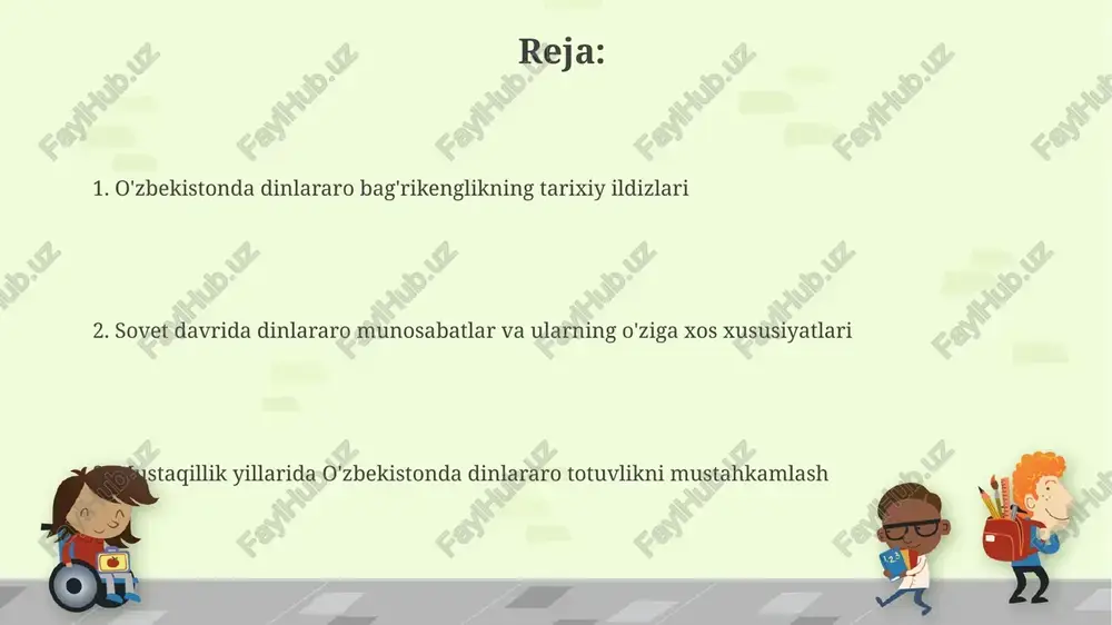bekning samarqand rasadxonasi qurildi, u yerda turli din vakillari birga ilmiy izlanishlar olib borishgan. alisher navoiyning homiyligi ostida adabiyot va san'at gullab-yashnadi, uning asarlarida islomiy va sufiylik g'oyalari boshqa dinlar bilan uyg'unlashgan. rossiya imperiyasi davri: diniy siyosat va o'zgarishlar rossiya imperiyasi islomiy ta'limni nazorat qilish uchun 1867-yilda orenburg muhammadlar diniy assambleyasini tuzdi, bu esa mahalliy maktablarga ta'sir ko'rsatdi. rus pravoslav cherkovi o'rta osiyoda o'z ta'sirini kengaytirishga intildi, pravoslav missiyalari orqali mahalliy aholini xristianlashtirishga urinishlar qildi. sovet davri: ateizm va din erkinligiga cheklovlar sovet davrida 1920-yillarda ateizm siyosati kuchaytirilib, masjid, cherkov va madrasalar kabi diniy muassasalar yopildi, diniy arboblar qatag‘on qilindi. 1930-yillarda stalin davrida diniy ta'qiblar eng yuqori cho'qqisiga chiqdi, ko'plab diniy liderlar qatl etildi va diniy kitoblar yo'q qilindi. mustaqillik yillari: din erkinligi va dinlararo totuvlikni mustahkamlash mustaqillik yillarida 16 ta diniy konfessiya uchun teng sharoitlar yaratildi, 2377 ta diniy tashkilot ro'yxatga olindi, bu esa din erkinligini kafolatlaydi. o'zbekiston respublikasi …