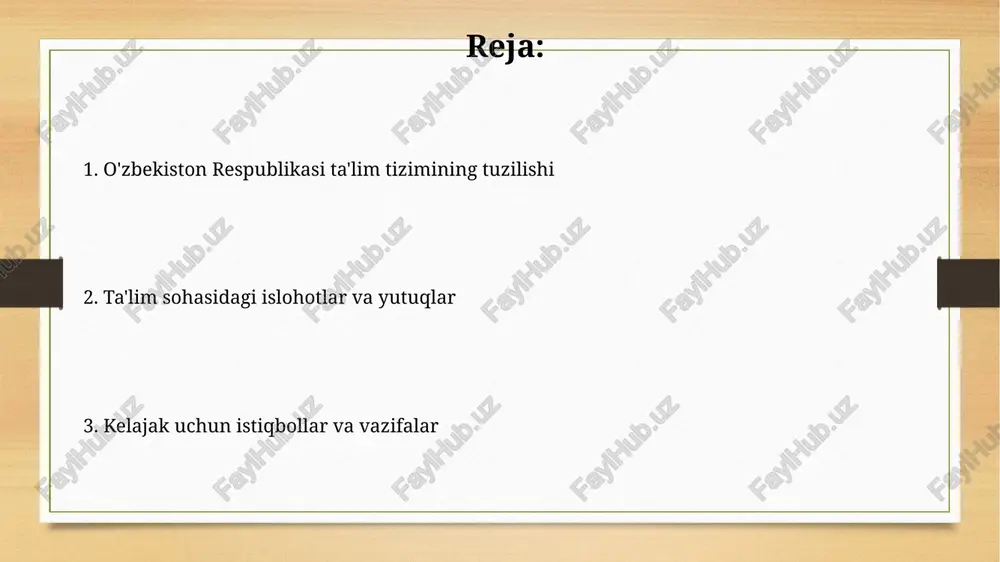kistonda oliy taʼlim muassasalari davlat va xususiy shakllarda mavjud boʻlib, ularning soni 150 dan oshadi va turli sohalar boʻyicha mutaxassislar tayyorlash imkoniyatini yaratadi. ta'lim sohasidagi islohotlar va istiqbollar 2022-2026 yillarga mo'ljallangan yangi o'zbekiston taraqqiyot strategiyasida ta'lim sifatini oshirish va inklyuzivlikni ta'minlash bo'yicha aniq maqsadlar belgilangan. prezidentning 2023-yilgi farmoni bilan professional ta'lim tizimini modernizatsiya qilish, xususan dual ta'limni kengaytirish orqali 70% bandlikni ta'minlash ko'zda tutilgan. ta'limni moliyalashtirish va boshqaruvi o'zbekistonda ta'limni moliyalashtirish asosan davlat byudjeti orqali amalga oshiriladi, bunda yaimning taxminan 4-5 foizi ta'lim sohasiga yo'naltiriladi, bu ko'rsatkich mintaqa davlatlari orasida yuqori hisoblanadi. ta'limni boshqarish tizimi ko'p bosqichli bo'lib, oliy majlis qonunchilik palatasi va vazirlar mahkamasi tomonidan qabul qilingan qonun hujjatlariga muvofiq ta'lim vazirligi siyosatni belgilaydi. e'tiboringiz uchun rahmat image7.jpg image8.jpg image9.jpg image10.jpg image11.jpg image12.jpg image13.jpg image3.png image4.png