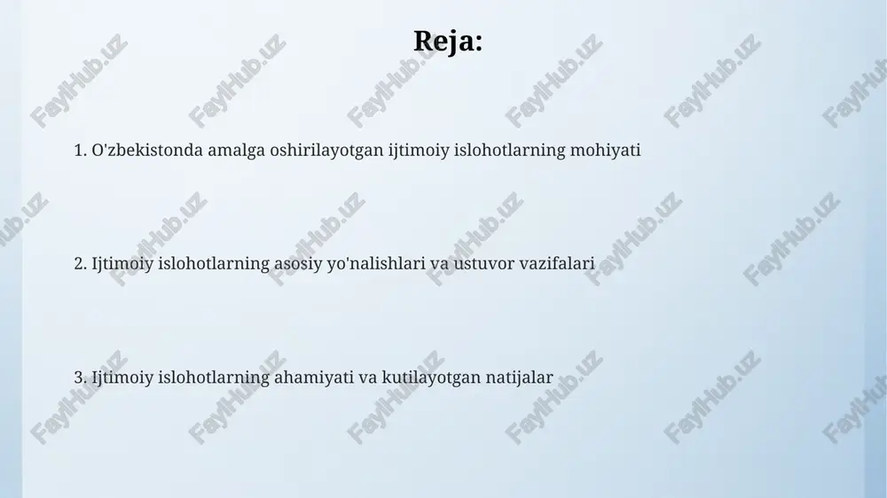 -yilda qo‘shimcha imtiyozlar berilishi, aholining ijtimoiy barqarorligini mustahkamlashga yordam beradi. ta’lim sohasidagi islohotlar, jumladan, 2030-yilgacha maktabgacha ta’lim qamrovini 80% ga yetkazish, kelajak avlodning bilim darajasini oshirishga qaratilgan. e'tiboringiz uchun rahmat image4.png image1.jpeg
