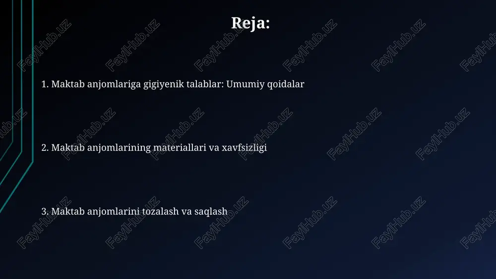 ishi zarur. materiallar xavfsizligi maktab anjomlari uchun materiallar xavfsizligi toksik moddalar, masalan, formaldegidning 0.1 mg/kg dan yuqori bo'lmasligini ta'minlashi kerak, bu bolalarning sog'lig'iga salbiy ta'sir qiladi. maktab jihozlarida ishlatiladigan materiallar tarkibida og'ir metallar, jumladan qo'rg'oshin (pb) miqdori 90 ppm dan, simob (hg) esa 0.2 ppm dan oshmasligi qat'iy talab etiladi. bolalar mahsulotlari, shu jumladan maktab anjomlari uchun materiallar ph darajasi 4.0 dan kam bo'lmasligi va 8.5 dan yuqori bo'lmasligi lozim, chunki bu teri tirnash xususiyatini keltirib chiqarishi mumkin. toksik moddalar yo'qligi qo'rg'oshin bo'yoqlari bolalar uchun xavfli, chunki 50 ppm dan yuqori darajalar neyrotoksik ta'sir ko'rsatadi va o'rganish qobiliyatiga salbiy ta'sir etishi mumkin. maktab anjomlarida formaldegidning yo'qligi muhim, chunki 0,1 ppm dan yuqori konsentratsiyalar bolalarda nafas yo'llarini tirnash xususiyatini keltirib chiqarishi mumkin. ftalatlar plastik materiallarda yumshatuvchi sifatida ishlatiladi, ammo 1000 ppm dan ortiq miqdorda bolalar gormonal sistemasiga salbiy ta'sir ko'rsatishi mumkin. allergenlik darajasi allergenlik darajasini kamaytirish uchun tabiiy materiallardan tayyorlangan, sertifikatlangan …