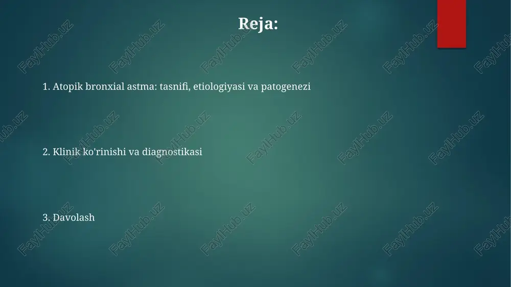 chiqarilishiga va keyinchalik mast hujayralarining degranulyatsiyasiga olib keladi, bu bronxospazmga sabab bo'ladi. allergen ta'siri nafas yo'llarining yallig'lanishini kuchaytiradi, t-limfotsitlar, eozinofillar va boshqa yallig'lanish hujayralarining infiltratsiyasiga yordam beradi, surunkali yallig'lanishni qo'llab-quvvatlaydi. uy changi oqadilarining allergenlari, polenlar va hayvon junlari astma bilan kasallangan bemorlarda simptomlarni qo'zg'atishi mumkin, ularning allergen ta'sirini aniqlash diagnostika uchun muhim ahamiyatga ega. genetik moyillik oilr tadqiqotlari shuni ko'rsatadiki, agar ota-onada astma bo'lsa, bolada astma rivojlanish ehtimoli 30-50% gacha ortadi, bu genetik omillarning ahamiyatini ko'rsatadi. atopik bronxial astma genetik moyilligi ko'p genli bo'lib, 17q21 (ormdl3 geni) va 5q31-33 (sitokin genlari klasteri) kabi xromosomal mintaqalar muhim rol o'ynaydi. hla-drb1*1501 alleli kabi ayrim hla genotiplari atopik astma bilan bog'liq bo'lib, ige ishlab chiqarish va allergenlarga javob berish orqali immunitet reaksiyasini modullashadi. atopik astma klinik ko'rinishi: simptomlar atopik astma bilan og'rigan bolalarda simptomlar virusli infektsiyalar, masalan, respirator sintsial virus (rsv) yoki rinovirus (sovuq), ta'sirida 2-3 kun ichida yomonlashishi mumkin. atopik astmada xirillash, …