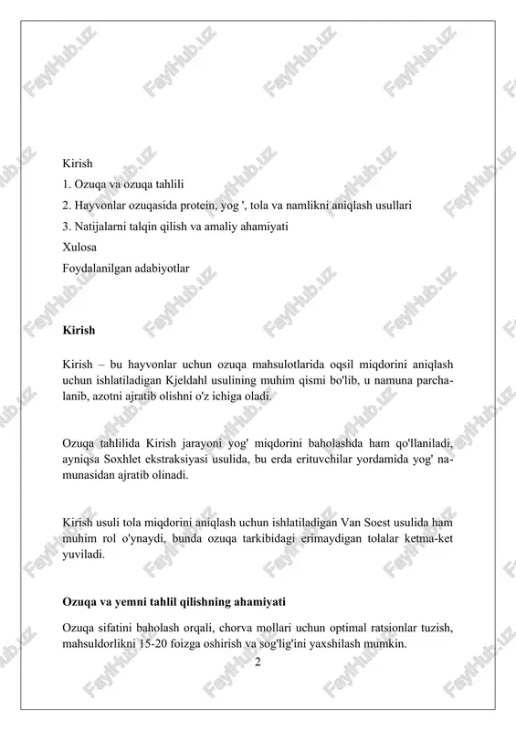 kjeldahl usuli namunadagi umumiy azotni ammiakka aylantiradi, so'ngra titrlash orqali aniqlanadi, protein miqdori azot foizini 6.25 ga ko'paytirish orqali hisoblanadi. dumas usuli namuna yuqori haroratda yoqib yuborilishini o'z ichiga oladi, natijada azot gazi hosil bo'ladi, u termal o'tkazuvchanlik detektori yordamida o'lchanadi. kjeldahl usuli ko'proq vaqt talab qiladi, ammo arzonroq, dumas usuli esa tezroq va avtomatlashtirilgan, ammo boshlang'ich xarajatlari yuqoriroq va qimmat uskunalarni talab etadi. xom proteining ahamiyati va talablari xom protein hayvonlar o'sishi va rivojlanishi uchun zarur bo'lgan aminokislotalar manbai hisoblanadi, ratsionda uning miqdori hayvon turiga qarab 12% dan 25% gacha bo'lishi kerak. protein etishmovchiligi o'sishning sekinlashishi, mahsuldorlikning pasayishi va immunitetning zaiflashishiga olib kelishi mumkin, shuning uchun protein tarkibini nazorat qilish muhim. yuqori sifatli xom protein, hazm bo'ladigan aminokislotalar bilan boyitilgan bo'lib, ozuqaning samaradorligini oshiradi va hayvonlarning sog'lig'ini yaxshilaydi. yog'ni aniqlash usullari (soxhlet) soxlet usuli yog'ni aniqlashda organik erituvchi (odatda, dietil efir yoki petroley efiri) yordamida namunadan yog'ni uzluksiz ravishda …