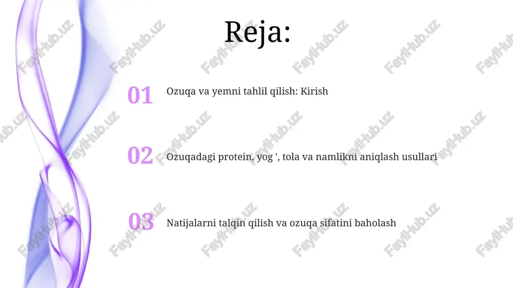 itrlash usuli, suv bilan reaksiyaga kirishadigan reagentlar yordamida namlikni aniqlashga asoslangan. bu usul 0.1% dan kam namlikni aniqlashda yuqori aniqlikni ta'minlaydi. termogravimetrik usulda namlikni aniqlash, namunani qizdirib, vazn yo'qotilishini o'lchash orqali amalga oshiriladi. odatda 100-105°c haroratda quritish orqali erkin va bog'langan suv miqdori aniqlanadi. oqsillarni aniqlash: kjeldahl usuli kjeldahl usuli umumiy azot miqdorini aniqlashda ishlatiladi, keyin 6.25 koeffitsientiga ko'paytirib xom protein miqdori aniqlanadi, chunki oqsillarning o'rtacha azot miqdori taxminan 16% ni tashkil qiladi. bu usul uch bosqichdan iborat: namunani konsentrlangan sulfat kislota bilan hazm qilish, keyin ammiakni distillash va titrlash orqali aniqlash; 1883-yilda yoxan kjeldahl tomonidan ishlab chiqilgan. yog'larni aniqlash: soxlet usuli soxlet usuli yog'larni aniqlashda efir yordamida namunadan yog'larni ajratib olish uchun ishlatiladigan klassik usuldir, bu 6-8 soat vaqt talab qilishi mumkin. bu usulda namunani quritish, o'lchash, so'ngra efir bilan ekstraksiya qilish va olingan yog'ni tortish orqali umumiy yog' miqdori aniqlanadi. odatda 1-10 gramm namunadan foydalaniladi. kletchatkani aniqlash: van …