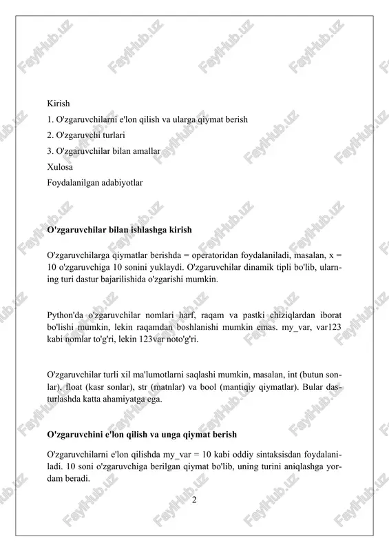 a'lumot turlari (data types) o'zgaruvchilarning ma'lumot turlari, masalan, butun sonlar (int) -10 dan 20 gacha qiymatlarni saqlaydi, o'nli sonlar (float) esa 3.14 kabi qiymatlarni ifodalaydi. matnli ma'lumotlar (string) 'salom dunyo!' kabi so'zlarni, ro'yxatlar (list) esa [1, 2, 3] kabi tartiblangan ma'lumotlar to'plamini o'z ichiga oladi. boolean (bool) ma'lumot turi faqat ikki qiymatga ega: true (1) yoki false (0). u mantiqiy amallarni bajarishda va qaror qabul qilishda muhim rol o'ynaydi. sonli ma'lumot turlari (numbers) python sonli ma'lumot turlari integer (butun sonlar), float (o'nlik sonlar) va complex (murakkab sonlar) ni o'z ichiga oladi, har biri turli matematik vazifalar uchun mo'ljallangan. butun sonlar (integers) cheksiz aniqlikka ega bo'lishi mumkin, ammo float (o'nlik sonlar) odatda 15-17 ta o'nlik xonagacha aniqlik bilan saqlanadi va ieee 754 standartiga muvofiq keladi. complex sonlar 'a + bj' ko'rinishida ifodalanadi, bu yerda 'a' haqiqiy qism, 'b' esa mavhum qism bo'lib, 'j' esa kvadrat ildizi -1 ga teng bo'lgan mavhum …