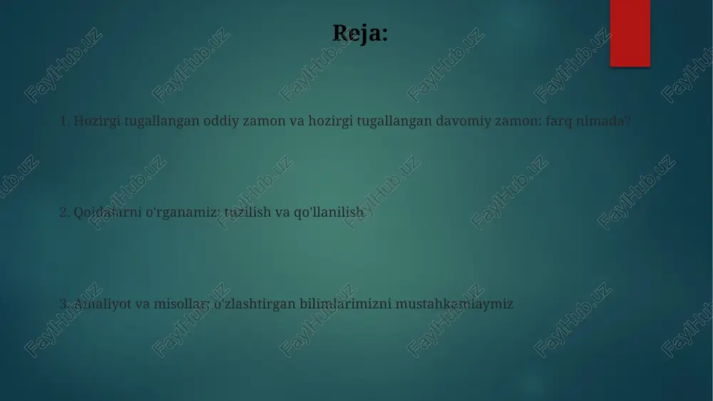 'has' yordamchi fe'llar 'not' bilan inkor shaklini hosil qiladi: 'i have not seen'. tuzilish: present perfect continuous present perfect continuous zamon tuzilishi 'have/has been + fe'lning -ing shakli' formulasi asosida yasaladi, bunda 'been' yordamchi fe'l vazifasini bajaradi. bu zamonda gap tuzishda 'have' ko'plik otlar va 'i, you, we, they' olmoshlari bilan, 'has' esa birlik otlar va 'he, she, it' olmoshlari bilan ishlatiladi. qachon present perfect simple ishlatamiz? tugallangan harakatlar natijasi hozirda muhim bo'lsa, present perfect simple ishlatamiz. masalan, 'men kitobni o'qidim' (men uni tugatdim va natijasi - men uni bilaman). agar harakat bir necha marta takrorlangan bo'lsa, present perfect simple qo'llaniladi. misol uchun, 'u uch marta parijda bo'lgan', bunda takroriylik soni muhim. qachon present perfect continuous ishlatamiz? present perfect continuous, davom etayotgan harakatlarga e'tibor qaratilganda ishlatiladi, masalan, 'i have been studying for 3 hours,' bunda harakat hali tugamagan. agar harakat yaqinda tugagan bo'lsa, lekin natijasi hozir ko'rinib turgan bo'lsa, present …