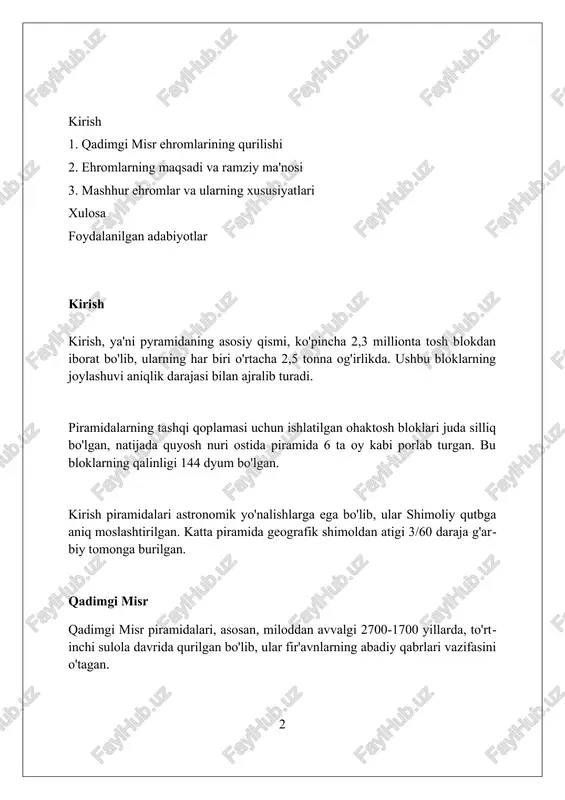 ki piramidalar, taxminan miloddan avvalgi 2780-yillarda misrning uchinchi sulolasi davrida paydo bo'lgan zinapoyasimon tuzilmalar edi, ularning eng mashhuri djoserning saqqara piramidasi hisoblanadi. keyinchalik, to'rtinchi sulola davrida piramidalar geometriyasi o'zgardi, natijada giza piramidalaridagi kabi yanchoqlari silliq, haqiqiy piramida shakli vujudga keldi, bu taxminan 2589-2566-yillarga to'g'ri keladi. piramidalarning hajmi va qurilish texnologiyasi beshinchi suloladan keyin asta-sekin pasaygan, garchi piramida qurilishi o'rta qirollikkacha, ya'ni miloddan avvalgi 2055-1650-yillarga qadar davom etgan bo'lsa ham. eng mashhur piramidalar misr piramidalarining eng mashhuri xeops piramidasidir, u taxminan 2,3 million tosh bloklardan iborat bo'lib, har birining og'irligi o'rtacha 2,5 tonnani tashkil etadi. xefren piramidasi aslida xeops piramidasidan biroz kichikroq, lekin u yuqori joyda qurilganligi sababli va tepasida kalker qoplami bo'lganligi uchun kattaroq ko'rinadi. mikerin piramidasi giza piramidalari ichida eng kichigi bo'lib, dastlab qizil granit bilan qoplangan, ammo vaqt o'tishi bilan uning ko'p qismi yo'qolgan. piramida qurilishining usullari misrliklar tosh bloklarni tashish uchun yog'och roliklardan foydalangan, bu esa 2,5 …