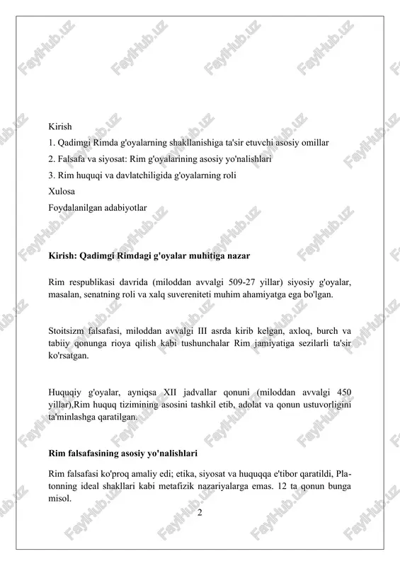 ersal qonunlariga bo'ysunishi va o'z xatti-harakatlarini unga moslashtirishi, 3 tabiiy jarayonni tushunishi kerak. epikureizm: rohat va og'riqdan xalos bo'lish epikurchilarning ta'kidlashicha, eng oliy yaxshilik – bu 'ataraksia', ya'ni ruhiy xotirjamlikka erishish. bu, hayotda og'riq va tashvishlardan xalos bo'lish orqali amalga oshiriladi. epikureizmda rohat faqat jismoniy emas, balki ruhiy hamdir; do'stlik, bilim va mulohazakorlik kabi 4 fazilat muhim rolni o'ynaydi, ular og'riqdan uzoqlashtiradi. epikur atomistik nazariyani qabul qilib, o'limdan keyin hech narsa yo'qligini ta'kidlagan, bu esa o'lim qo'rquvini yo'qotishga yordam beradi va 3 ta asosiy ehtiyojni qondirish muhimdir. rim huquqi va adolat tushunchasi rim huquqi dastlab og'zaki bo'lgan, ammo keyinchalik xii jadvalli qonunlar (miloddan avvalgi 450 yillar atrofida) yozma shaklga keltirilib, adolatni ta'minlashda muhim qadam bo'ldi. pretorlar muhim rol o'ynagan, ular har yili yangi farmonlar e'lon qilib, amaldagi huquqni o'zgartirishi va adolat tushunchasini rivojlantirishi mumkin edi. rimliklar tabiiy huquq g'oyasiga ishongan, bu barcha odamlarga xos bo'lgan universal va o'zgarmas huquqlar bo'lib, …