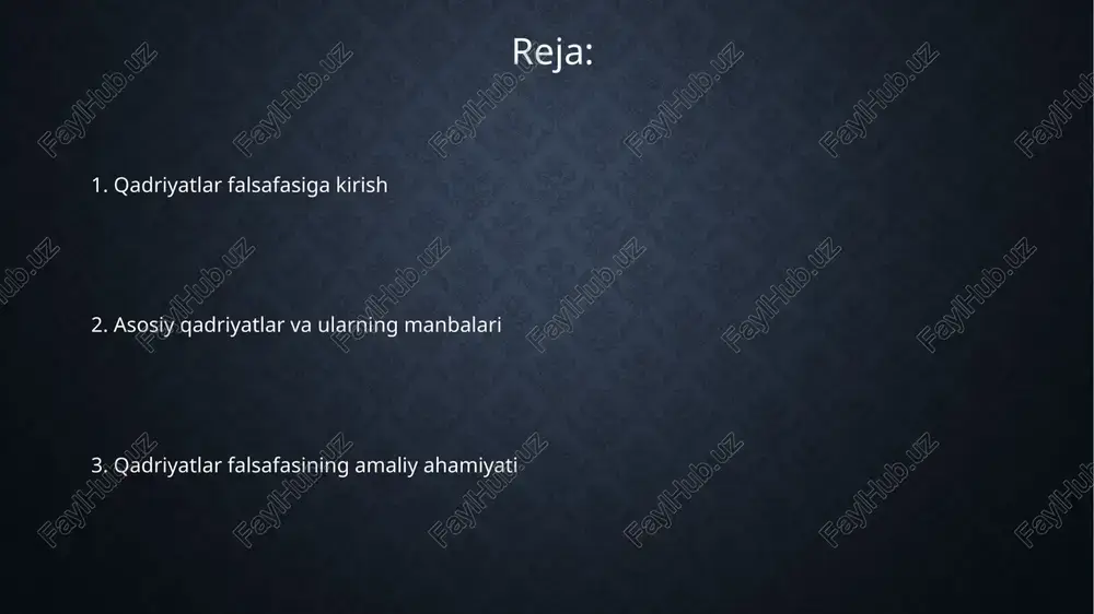 i e'tiqodlari bo'lib, odamlarning 2 xil xatti-harakatlarini belgilaydi, axloq esa qadriyatlarga asoslangan 3 turdagi xulq-atvorni tartibga soladi. axloqiy kodekslar 4 ta asosiy qadriyatni aks ettiradi: adolat, hurmat, mas'uliyat va g'amxo'rlik. bu qadriyatlar 5 xil axloqiy tamoyillarni shakllantiradi. qadriyatlar axloqiy qarorlarni 6 xil usulda qabul qilish uchun asos bo'lib xizmat qiladi, axloq esa qadriyatlarning amaliyotda 7 ko'rinishini aks ettiruvchi me'yoriy tizimdir. qadriyatlar va madaniyat qadriyatlar madaniyatda o'zgarishlarni boshqaradi. 20-asrda kollektivizm qadriyatlari asosida yangi madaniyat yaratishga urinishlar bo'lgan. qadriyatlar madaniyatni shakllantiradi, unga yo'nalish beradi. masalan, 19-asr oxiridagi o'zbek jamiyatida hurmat tamoyili muhim madaniy me'yor edi. madaniyat qadriyatlarning namoyon bo'lish usulini belgilaydi. an'anaviy o'zbek madaniyatida mehmondo'stlik qadriyati katta ahamiyatga ega bo'lgan. qadriyatlar va jamiyat axloqiy qadriyatlar adolat, tenglik va inson huquqlari kabi tamoyillarni o'z ichiga olib, ijtimoiy adolatni ta'minlashga xizmat qiladi hamda jamiyatning rivojlanish darajasini belgilaydi. qadriyatlar jamiyat barqarorligini ta'minlaydi, ijtimoiy tartibni shakllantiradi va a'zolarining xatti-harakatlarini muvofiqlashtirib, umumiy maqsad sari yo'naltiradi, shu bilan …