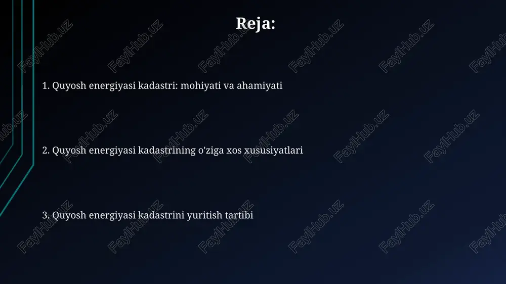 'lumotlari gis texnologiyalari asosida yaratiladi va quyosh panellari uchun optimal joylashuvni aniqlashda muhim rol o'ynaydi, shu bilan loyihalash ishlari 20% ga tezlashadi. e'tiboringiz uchun rahmat
