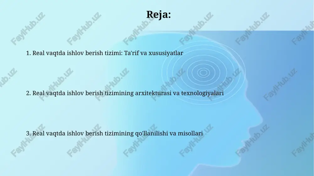 r eng muhim vazifalarni 50 mikrosekund ichida bajarish uchun ustuvorlik asosida vazifalarni taqsimlaydi, bu esa oldindan aytib bo'ladigan ishlashni kafolatlaydi. real vaqt operatsion tizimlari (rtos) rtoslar aniq muddatlarda topshiriqlarni bajarishni kafolatlaydi, bunda kechikishlar jiddiy oqibatlarga olib kelishi mumkin. masalan, avtomobil abs tizimi 1 millisekund ichida javob berishi shart. real vaqt operatsion tizimlari (rtos) ustuvorlik asosida topshiriqlarni boshqaradi; yuqori ustuvorlikka ega vazifalar past ustuvorlikka ega vazifalardan ko'ra tezroq bajariladi. bu esa 99.999% ish faoliyatini ta'minlaydi. rejalashtirish algoritmlari real vaqtda real vaqtda rejalashtirish algoritmlari erta muddat (earliest deadline first) kabi usullarni qo'llaydi, bunda vazifalar 0-100% oraliqdagi bajarilish muddatiga qarab ustuvorlikka ega bo'ladi. rate monotonic scheduling (rms) algoritmi, real vaqtda, qisqa bajarilish davriga ega bo'lgan vazifalarga yuqori ustuvorlik beradi, bu esa 10-50% resurslardan samarali foydalanishga imkon beradi. ma'lumotlar bazalarida real vaqtda qayta ishlash real vaqtda ma'lumotlar bazasi transaksiyalari millisekundlar ichida javob berishi kerak, aks holda ma'lumotlar yo'qolishi yoki tizim xatolariga olib kelishi mumkin. …