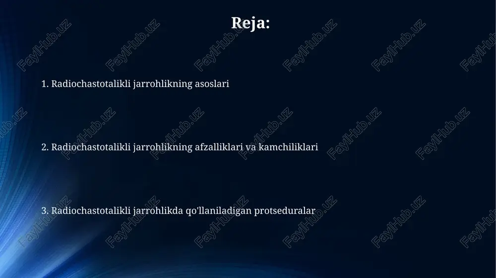 rdamida amalga oshiriladi, u to'qimalarga yuqori chastotali radio to'lqinlarni yetkazib beradi, kesish va koagulyatsiya uchun 500 khz gacha ishlaydi. bipolyar radio to'lqinli jarrohlikda ikkita elektrod ishlatiladi, ular orasida to'qimalar joylashgan bo'lib, bu esa minimal to'qimalar shikastlanishi bilan aniq koagulyatsiyani ta'minlaydi, odatda 300-500 khz chastotalarda. radio to'lqinli jarrohlik uchun ko'rsatmalar radio to'lqinli jarrohlik ko'rsatmalari terining benign o'smalari, masalan, papillomalar va kondilomalar kabi 1 mm dan 10 mm gacha bo'lgan hajmdagi o'smalarni olib tashlashda samarali hisoblanadi. bachadon bo'yni kasalliklari, jumladan, bachadon bo'yni ektopiyasi va cin (bachadon bo'yni intraepitelial neoplaziyasi) ning 1-2 darajalari radio to'lqinli ablasyon yordamida davolash uchun maqbul hisoblanadi. radio to'lqinli jarrohlikka tayyorgarlik operatsiyadan oldin bemorning umumiy ahvolini baholash uchun ekg, qon testlari va siydik tahlili kabi bir qator diagnostika testlari o'tkaziladi. bu, 3-toifa xavf guruhiga kiruvchi bemorlar uchun muhim. radio to'lqinli jarrohlikdan oldin bemorga antikoagulyantlarni (qonni suyultiruvchi dorilar) va aspirin kabi dori-darmonlarni 7-10 kun davomida to'xtatish tavsiya etiladi, chunki ular …