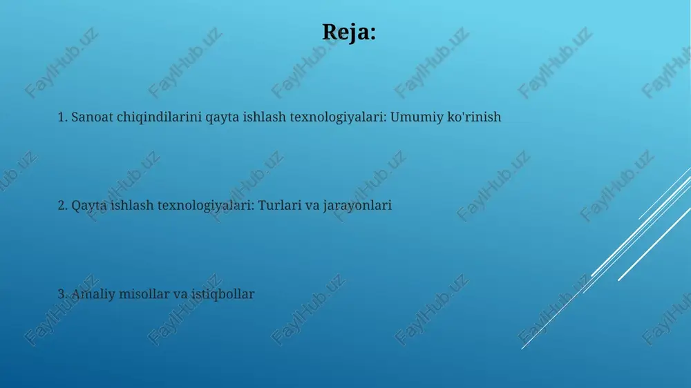ergiya tejash imkonini beradi, chunki rudani qazib olish va qayta ishlash jarayonlari talab etilmaydi, bu esa co2 emissiyasini kamaytiradi. elektrostatik cho'ktirgichlar va siklonlar kabi zamonaviy texnologiyalar metall eritish jarayonida hosil bo'ladigan havoni ifloslantiruvchi moddalarni 99% gacha ushlab qoladi, atrof-muhitga ta'sirni kamaytiradi. plastmassalarni qayta ishlash plastmassalarni qayta ishlash jarayonida piroliz texnologiyasi qo'llaniladi, bunda plastik yuqori haroratda kislorodsiz muhitda parchalanib, suyuq yoqilg'i va gazlar hosil qiladi. mexanik qayta ishlash usuli plastik chiqindilarni maydalash, yuvish va eritish orqali yangi mahsulotlar uchun xomashyoga aylantiradi, bunda material xususiyatlarini saqlab qolish muhimdir. qog'oz va kartonni qayta ishlash qog'oz va kartonni qayta ishlash jarayoni 70% gacha energiya tejaydi, chunki yangi tolalar ishlab chiqarishga qaraganda kamroq resurs sarflanadi. o'rtacha, qayta ishlangan qog'oz 5-7 marta tolalar uzunligi qisqarishi tufayli sifatini yo'qotishidan oldin qayta ishlatilishi mumkin. shishani qayta ishlash shishani qayta ishlash jarayoni xom ashyo sarfini kamaytiradi, taxminan 20-30% energiyani tejaydi va chiqindixonadagi shisha hajmini kamaytiradi. odatda, shishani qayta ishlash …