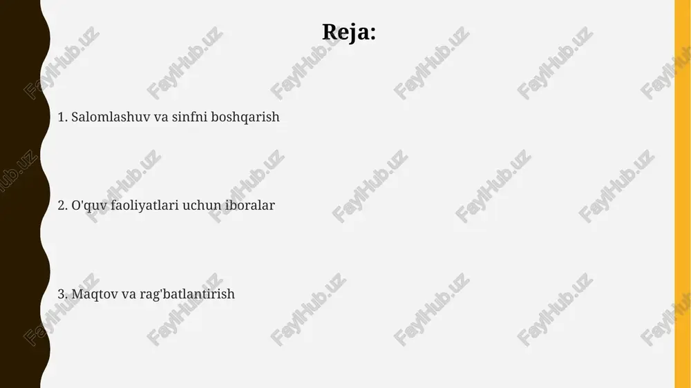 rdan foydalanish 3 bosqichli ko'rsatmalarni berishda tushunarlilikni ta'minlaydi, bolalar ketma-ketlikni tushunishiga yordam beradi. oddiy imperativ fe'llarni qo'llang: “chizing”, “kesing”, “yopishtiring”. 5-6 yoshli bolalar uchun bu aniq buyruqlar vazifani bajarishni osonlashtiradi. ko'rsatmalarni tasdiqlash uchun “tushundingizmi?” yoki “hammasi aniqmi?” kabi savollardan foydalaning. bu 4-5 yoshli bolalarning tushunish qobiliyatini tekshirish va takrorlash uchun imkon beradi. maqtov va rag'batlantirish “you’re 10/10!” iborasi ayniqsa bolalarga yoqadi, bu shunchaki a’lo baho emas, balki mukammal natija, bolaning urinishlariga yuqori baho berishni ta’minlaydi. “five stars!” iborasidan foydalanish bolalarning muvaffaqiyatini qadrlashning ajoyib usuli, chunki bu 5 ballik reyting tizimidagi eng yuqori baho bo‘lib, mukammallikni anglatadi. “that’s a level 10 effort!” iborasi bolaning harakatlarini yuqori darajada baholash uchun qo‘llaniladi va bu ularning ishtiyoqini oshirib, yanada ko‘proq harakat qilishga undaydi. savollar berish va javob berish “tell me more about…” savoli bolalarni gapirishga undaydi, nutq qobiliyatini rivojlantiradi va o'qituvchilarga bolaning fikrlash jarayoni haqida 1 dan 5 gacha muhim ma'lumot beradi. “what if…?” …