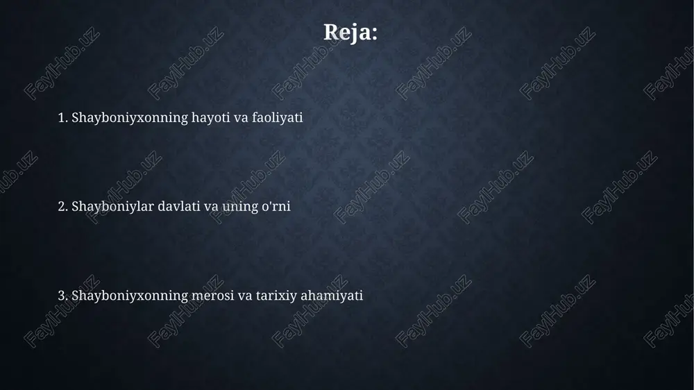 i bosqichini boshladi. bu shaharning siyosiy ahamiyatini oshirdi. 1501-yilda shayboniyxon samarqandda qisqa muddatga magʻlubiyatga uchradi, ammo tez orada qayta tiklanib, 1505-yilda shaharni butunlay oʻz nazoratiga oldi va oʻz hokimiyatini mustahkamladi. movarounnahr ustidan hukmronlik o'rnatish shayboniyxon 1500-yilda samarqandni egallab, temuriylar hukmronligiga barham berdi va movarounnahrda yangi o'zbek davlatini shakllantirishga asos soldi. 1503-yilda shayboniyxon buxoroni zabt etib, movarounnahrning markaziy qismida o'z hokimiyatini mustahkamladi va bu hududning siyosiy ahamiyatini oshirdi. shayboniyxonning ichki siyosati shayboniyxon oʻz davlatida markazlashgan hokimiyatni mustahkamlash uchun “tuzuknoma-yi shayboniy” qonunlar toʻplamini joriy etdi, bu 99 bobdan iborat boʻlib, ijtimoiy munosabatlarni tartibga soldi. uning ichki siyosatida soliq islohotlari muhim oʻrin tutdi, unda “tagʻyor” va “xiroj” kabi soliq turlari belgilandi, yer egalari va dehqonlardan olinadigan soliq miqdori aniq belgilab qoʻyildi. iqtisodiy islohotlar va rivojlanish shayboniyxon davrida soliq islohotlari amalga oshirilib, yer solig'i (xiroj) va jon solig'i (jiziya) kabi an'anaviy to'lovlar tartibga solindi hamda dehqonchilik rivojlantirildi. savdo-sotiqni rivojlantirish maqsadida shayboniyxon davrida karvonsaroylar qurilib, …