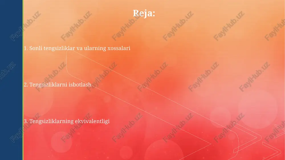 bu yerda a va b real sonlardir. agar a>b tengsizlikni isbotlash kerak bo'lsa, "bezosita isbotlash" a-b ifodani soddalashtirib, uning har doim musbat (0 dan katta) ekanligini ko'rsatadi, misol uchun a-b=x^2+1>0. qarama-qarshi isbotlash qarama-qarshi isbotlash usuli, ya'ni contradiction isbotlashda, biz isbotlanishi kerak bo'lgan xulosani inkor etamiz va ziddiyatga olib kelamiz, masalan, a > b bo'lsa, a ≤ b deb faraz qilamiz. ushbu usulda, agar a haqiqat bo'lsa, demak b yolg'on ekanligini ko'rsatamiz. agar a yolg'on bo'lsa, b haqiqat ekanligini ko'rsatamiz. bu 2 tomonlama munosabatni isbotlash uchun qo'llaniladi. matematik induksiya usuli matematik induksiya usuli asosan natural sonlar to'plamida (1, 2, 3, ...) o'rinli bo'lgan tasdiqlarni isbotlash uchun ishlatiladi, bunda bazis holat tekshiriladi. induksiyaning birinchi qadamida n = 1 uchun tasdiqning to'g'riligi ko'rsatiladi, keyin n = k uchun to'g'ri deb faraz qilinib, n = k+1 uchun isbotlanadi. o'rta qiymatlar tengsizliklari (am-gm) o'rta arifmetik va o'rta geometrik tengsizligi (am-gm) n ta musbat son uchun …