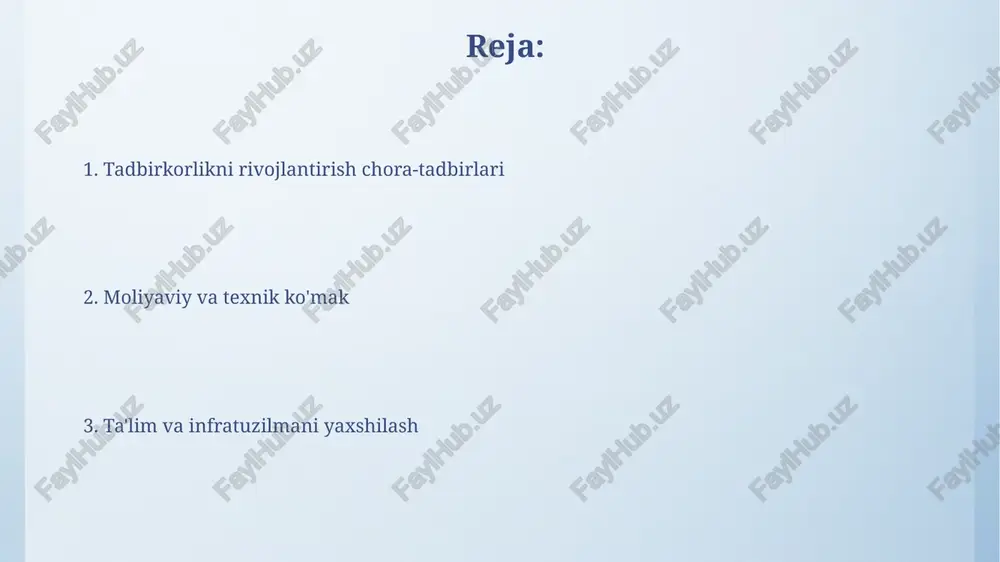 llashtirish maqsadida kafolat fondlari orqali qisman kafolatlanishi mumkin. ayrim dasturlar resurslar narxini kamaytirish uchun subsidiyalangan foiz stavkalarini taklif qiladi, bu esa kredit olishni ancha arzonlashtiradi. grantlar va subsidiyalar grantlar odatda muayyan maqsadlar uchun beriladi, masalan, innovatsion loyihalarni moliyalashtirish, ularning hajmi loyiha qiymatining 70% gacha bo'lishi mumkin. subsidiyalar tadbirkorlarga davlat tomonidan beriladigan moliyaviy yordam bo'lib, ular kredit foizlarini qoplash yoki xarajatlarni kamaytirishga yo'naltiriladi. tadbirkorlik ta'limini rivojlantirish «yosh tadbirkor» dasturi orqali 30 yoshgacha bo‘lgan yoshlarga biznes-rejalarini ishlab chiqishda ko‘mak beriladi va 100 million so‘mgacha imtiyozli kreditlar ajratiladi. o‘zbekistonda 2024-yilga kelib, har bir oliy o‘quv yurtida kamida bitta startap akseleratori faoliyat yuritishi rejalashtirilgan, bu esa talabalarni tadbirkorlikka undaydi. biznes-treninglar va maslahat xizmatlari biznes-treninglar startaplarga dastlabki 3-5 yil ichida bozor tajribasini oshirish, strategik rejalashtirish va moliyaviy boshqaruv ko'nikmalarini shakllantirishda muhim rol o'ynaydi. maslahat xizmatlari tadbirkorlarga soliq qonunchiligi, mehnat huquqi va intellektual mulkni himoya qilish kabi murakkab sohalarda 90 kunlik ekspert yordamini taklif etadi. incubatsiya …