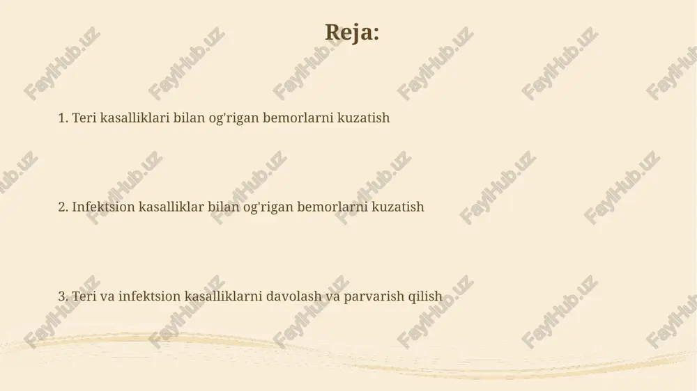 asalliklarni tashxislash usullari immun-ferment tahlili (ifa) antitelalarni aniqlashda muhim: o'ziga xos fermentlar bilan belgilangan antitelalar yordamida infektsiyani ko'rsatadi, miqdoriy natijalarni taqdim etadi. polimeraza zanjirli reaktsiyasi (pzr) dnk/rnkni aniqlashda juda sezgir: viruslar, bakteriyalar, zamburug'lar genomini ko'paytirib, minimal miqdorda ham infektsiyani ko'rsatadi. teri kasalliklari bilan og'rigan bemorlarga g'amxo'rlik qilish teri kasalliklari bilan og'rigan bemorlarga g'amxo'rlik qilishda antiseptik vositalardan foydalanish, masalan, 0,05% xlorgeksidin eritmasi, infektsiya tarqalishini oldini olish uchun muhimdir. ekzema kabi teri kasalliklari uchun yumshatuvchi kremlar (masalan, 5% karbamidli krem) terini namlantiradi va qichishishni kamaytiradi, shu bilan sifatli hayotni ta'minlaydi. infeksion kasalliklar bilan og'rigan bemorlarga g'amxo'rlik qilish infeksion kasalliklar bilan og'rigan bemorlarni parvarish qilishda, yuqumli kasallikning 1-turi aniqlangach, bemorning holati 24/7 monitoring qilinishi muhim. bemorning gigienasiga alohida e'tibor bering, 3-kunda bir marta antiseptik eritma bilan tanani tozalang, bunda kasallik tarqalishining oldini olasiz. teri kasalliklarida gigiena qoidalari teri kasalliklarida shaxsiy gigiena juda muhim. qo'llarni kamida 20 soniya davomida sovun va suv bilan yuvish …