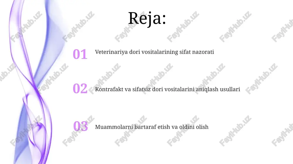 iyati farmakopeya standartlari, masalan usp 43-nf 38, dori ishlab chiqarish jarayonida nazoratni kuchaytirish va farmakologik xususiyatlarni saqlash uchun kerak. farmakopeya standartlari dori vositalarining sifatini ta’minlashda muhim rol o’ynaydi, ularning tarkibi, tozaligi va kuchliligi bo’yicha aniq ko’rsatkichlarni belgilaydi. soxta dori vositalarini aniqlash usullari qalbaki dori vositalarini aniqlashda oddiy vizual tekshiruvlar, masalan, yorliqlar, o'ramlar va ranglarning nomuvofiqligini aniqlash muhim ahamiyatga ega, chunki ular ko'pincha erta belgilar bo'ladi. farmatsevtika tahlili usullari, shu jumladan yuqori samarali suyuqlik xromatografiyasi (hplc) va massa-spektrometriya (ms), qalbaki dori tarkibidagi faol moddalarni miqdoriy va sifat jihatdan aniqlash imkonini beradi. sifatsiz dori vositalarini aniqlash usullari sifatni baholash uchun fizik-kimyoviy testlar o'tkaziladi: eruvchanlik, parchalanish va miqdoriy tahlil, farmakopeya standartlariga muvofiqligini aniqlash uchun qo'llaniladi. qalbaki dori vositalarini aniqlash uchun xromatografiya usullari (hplc, gaz xromatografiyasi) ishlatiladi, bunda faol moddalar miqdori va aralashmalar tekshiriladi. veterinariya dori vositalarining sifat nazoratida xalqaro hamkorlik o'zbekiston veterinariya dori vositalarining sifatini nazorat qilishda jahon sog'liqni saqlash tashkiloti (who) bilan …