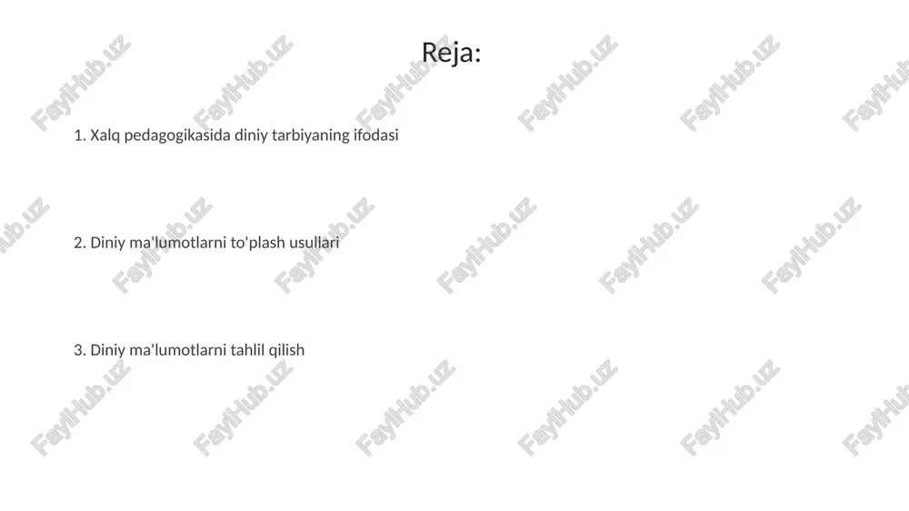 ydi va avloddan avlodga ma'naviy merosni yetkazishda muhim ahamiyatga ega. oila va jamiyatda diniy tarbiya usullari oila davrasida diniy tarbiya 7 yoshdan boshlab qur'on o'qishni o'rgatish, islomning 5 ustunini tushuntirish va har kuni duo qilishga o'rgatishni o'z ichiga oladi. jamiyatda diniy tarbiya usullaridan biri mahalliy masjidlarda ertalabki va kechki darslarda ishtirok etish, ro'za tutish va xayriya qilishni targ'ib qiladi. maqollar, matallar va ertaklarda diniy axloq normalari ertaklarda yaxshilik va yomonlik o'rtasidagi kurash, xudojo'ylikning g'alabasi "zumrad va qimmat" ertagida bo'lgani kabi, diniy axloqiy tamoyillarni singdirishga xizmat qiladi. maqollarda halollik, rostgo'ylik va adolat kabi diniy axloq normalari "yuz so'mdan ko'ra, bir so'm halol yaxshiroq" kabi iboralar orqali ibrat qilib ko'rsatiladi. buyuk mutafakkirlar va avliyolarning pedagogik qarashlari al-xorazmiyning ta'limiy merosi ilm-fanni rivojlantirishga qaratilgan bo'lib, 9-asrda algebra asoslarini yaratishda namoyon bo'ldi. abu ali ibn sino tibbiyot va falsafa sohalarida 11-asrda ta'limning amaliy ahamiyatini, tajriba orqali o'rganishni targ'ib qilgan buyuk mutafakkirdir. diniy ta'limda hikoyalar, masallar …