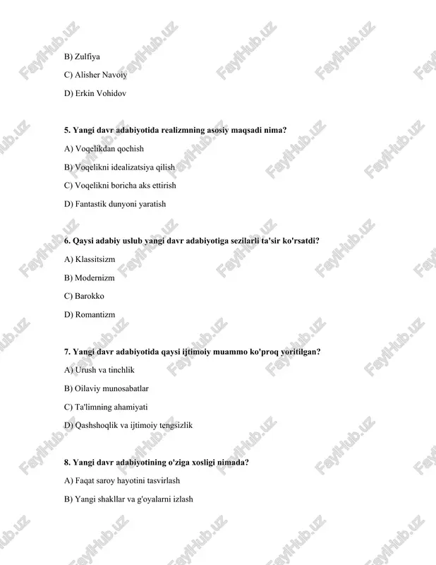 qodirov 13. yangi davr adabiyotida qaysi adabiy janr kamroq rivojlangan? a) esse b) poema c) drama d) roman 14. yangi davr adabiyotining asosiy vazifalaridan biri nima? a) o'quvchilarni ko'ngilxush qilish b) jamiyatni tanqid qilish va o'zgartirishga undash c) o'tmishni idealizatsiya qilish d) diniy aqidalarni targ'ib qilish 15. qaysi yozuvchining asarlari yangi davr adabiyotida modernizmning yorqin namunasidir? a) shukur xolmirzaev b) erkin samandarov c) muhammad yusuf d) said ahmad javoblar: № javoblar 1 a 2 c 3 a 4 a 5 c 6 b 7 d 8 b 9 a 10 d 11 c 12 b 13 a 14 b 15 a /docprops/thumbnail.jpeg