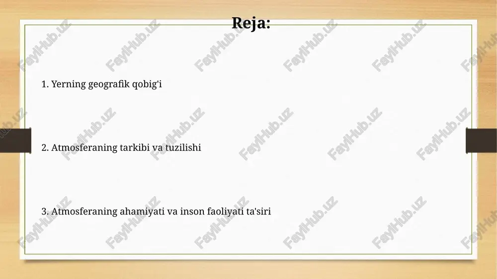 'ladigan kuchli shamollar 100 km/soat dan oshishi mumkin, bu esa daraxtlarni sindirib, binolarga zarar yetkazishi mumkin, ayniqsa qirg'oqbo'yi hududlarida. atmosferaning ifloslanishi va ekologik muammolar atmosferaning ifloslanishi global isishga olib keladi, bu esa 1.5°c dan 2°c gacha harorat ko'tarilishi bilan bog'liq bo'lib, dengiz sathining ko'tarilishi va ekstremal ob-havo hodisalarini keltirib chiqaradi. havoning ifloslanishi, xususan pm2.5 zarrachalari, nafas olish kasalliklari, yurak-qon tomir muammolari va o'pka saratoni xavfini oshiradi, natijada har yili millionlab odamlar o'limiga sabab bo'ladi. atmosferani muhofaza qilish chora-tadbirlari sanoat korxonalarida chang va gaz tozalash uskunalarini o'rnatish orqali, atmosfera ifloslanishini kamaytirish, masalan, elektrofiltrlar 99.5% gacha zarrachalarni ushlab qoladi. energiya samarador texnologiyalarni joriy etish, jumladan qayta tiklanuvchi energiya manbalari (quyosh, shamol) orqali issiqxona gazlari emissiyasini kamaytirishga qaratilgan tadbirlar, 2030 yilgacha 40% kamaytirish rejalashtirilgan. e'tiboringiz uchun rahmat image7.jpg image8.jpg image9.jpg image10.jpg image11.jpg image12.jpg image13.jpg image3.png image4.png