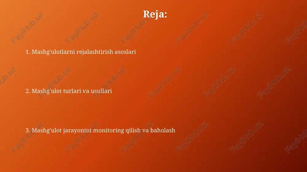 lan, tayyorgarlik davri (masalan, 60-70% hajmda), musobaqa davri va o‘tish davri, ularning har biri o‘ziga xos maqsadlarga ega. makrosikllar, mezosikllar va mikrosikllar makrosikl, odatda bir yilni qamrab oladi, masalan, olimpiya sikli 4 yillik bo'lib, unda sportchining asosiy maqsadi shu muddat ichida eng yuqori sport formasiga erishishdir. mezosikl 3-6 hafta davom etadi va makrosikl ichida sportchining tayyorgarlik darajasini oshirishga qaratilgan bir nechta mikrosikllarni o'z ichiga olgan, aniq maqsadli mashg'ulot blokidir. mashg'ulot turlari mashg'ulot turlariga umumiy jismoniy tayyorgarlik kiradi, bu erda atletning asosiy harakat ko'nikmalari rivojlantiriladi, masalan, 3-5 xil tezlik mashqlari, 20-30 ta sakrash va 10-15 marta uloqtirish. maxsus jismoniy tayyorgarlik mashg'ulotlari sport turiga xos bo'lib, 80-90% intensivlikda 4-6 marta takrorlanadigan texnik elementlar va 5-7 ta maxsus mashqlar bajariladi. umumiy jismoniy tayyorgarlik umumiy jismoniy tayyorgarlik (ujt) asosiy jismoniy sifatlarni rivojlantiradi, masalan, kuch, chidamlilik va moslashuvchanlik, maxsus sport mashg'ulotlari uchun poydevor yaratadi. ujt mashqlari turli xil harakatlarni o'z ichiga oladi, masalan, yugurish, suzish …
