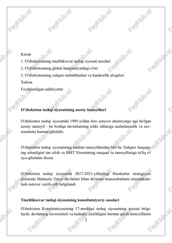 struktiv muzokaralar olib borishga intiladi, bu esa barqarorlikni ta'minlaydi. o'zbekiston va mdh: hamkorlik istiqbollari o‘zbekistonning mdhdagi faol ishtiroki savdo-iqtisodiy aloqalarni mustahkamlashga qaratilgan bo‘lib, 2023-yilda tovar ayirboshlash hajmi 10 milliard aqsh dollaridan oshishi kutilmoqda. mdh doirasida transport va kommunikatsiya sohasidagi hamkorlik o‘zbekiston uchun muhim ahamiyatga ega, chunki u tranzit salohiyatini oshirish va yangi logistika yo‘nalishlarini yaratishga imkon beradi. o‘zbekiston mdhning madaniy-gumanitar sohadagi dasturlarini qo‘llab-quvvatlaydi, bu esa o‘zbek xalqining boy merosini saqlash va mdh davlatlari o‘rtasida madaniy almashinuvni rivojlantirishga yordam beradi. o'zbekistonning xalqaro tashkilotlardagi ishtiroki (bmt, shht, va boshqalar) o'zbekiston 1992-yilda bmtga a'zo bo'lib, barqaror rivojlanish maqsadlariga (sdgs) erishishda faol ishtirok etadi, 2030 yilgacha bo'lgan kun tartibini milliy dasturlarga integratsiya qiladi. shht doirasida o'zbekiston xavfsizlik, iqtisodiy hamkorlik va madaniy almashinuvlarni rivojlantirishga qaratilgan ko'p tomonlama tashabbuslarni qo'llab-quvvatlaydi, jumladan, mintaqaviy loyihalarni amalga oshirish. o'zbekiston mdhning muhim a'zosi sifatida savdo-iqtisodiy aloqalarni mustahkamlashga, shuningdek, transchegaraviy jinoyatchilikka qarshi kurashish va gumanitar sohalardagi hamkorlikka hissa qo'shadi. o'zbekiston va …