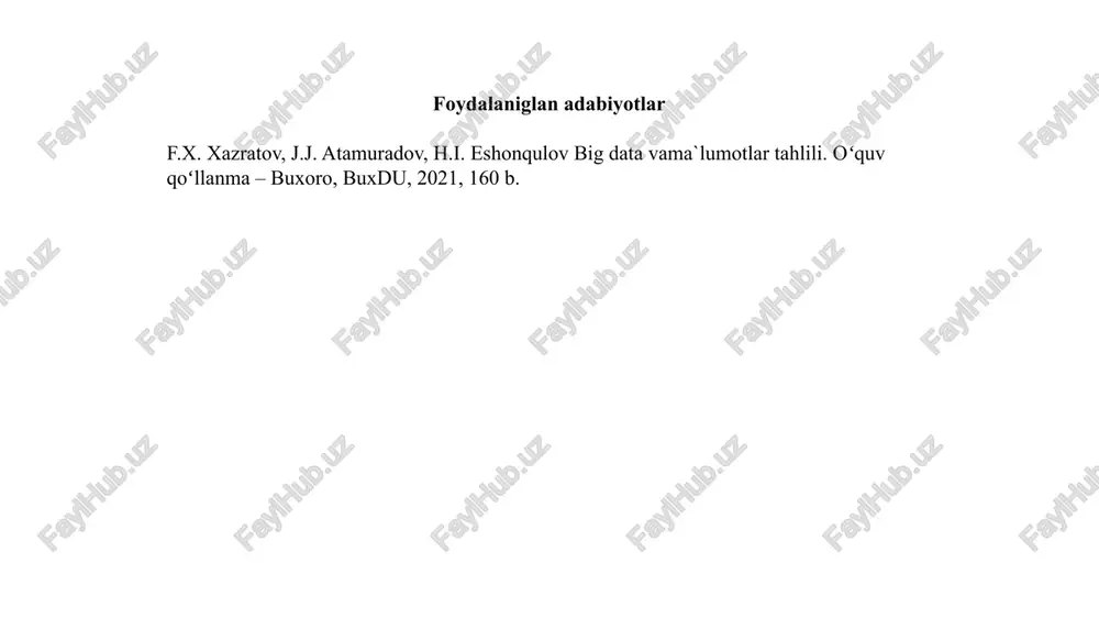 ijtimoiy tarmoqlardan). xilma-xillik (variety): ma'lumotlar turli formatlarda bo'ladi. ular strukturalangan (db jadvallari), yarim-strukturalangan (xml/json) yoki strukturasiz (matn, video, audio, rasm, log-fayllar) bo'lishi mumkin. ishonchlilik (veracity): ma'lumotlarning sifati, to'g'riligi va ishonchliligi darajasi. katta ma'lumotlar ko'pincha shovqinli va noto'g'ri bo'lishi mumkin. qiymat (value): ma'lumotlarning tahlilidan olinadigan amaliy foyda yoki biznes qiymati. eng muhimi, ma'lumotning o'zi emas, balki undan olingan xulosa va bashoratlardir. "big data va ma`lumotlar tahlili" fanining mazmuni big data(katta ma'lumotlar) - juda katta hajmdagi bir jinsli bo'lmagan va teztushadigan raqamli ma'lumotlar bo'lib, ularni odatiy usullar bilan qayta ishlabbo'lmaydi. ba'zi hollarda, katta ma'lumotlar tushunchasi bilan birga shuma'lumotlarni qayta ishlash ham tushuniladi. asosan, analiz obyekti kattama'lumotlar deb ataladi. big data atamasi 2008-yilda dunyoga kelgan. nature jurnalimuharriri klifford linch dunyo ma'lumotlar hajmining juda tez sur'atda o'sishigabag'ishlangan maxsus sonida big data atamasini qo'llagan. biroq, katta ma'lumotlaravval ham bo'lgan. "big data va ma`lumotlar tahlili" fanining mazmuni katta ma'lumotlar: qaysi ma'lumotlar katta deb hisoblanadi. mur qonunida …